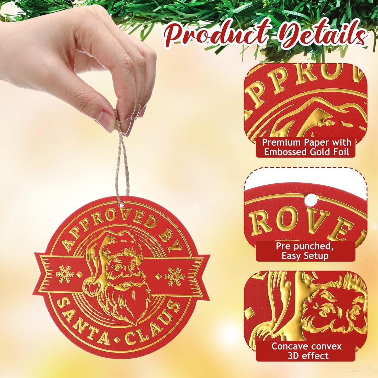 36 Pcs Christmas Gift Tag with String 3D Santa Gift Tag Gold Foil Present from Santa Claus Premium Gold Tags for Kids Christmas Party Decor(Classic)