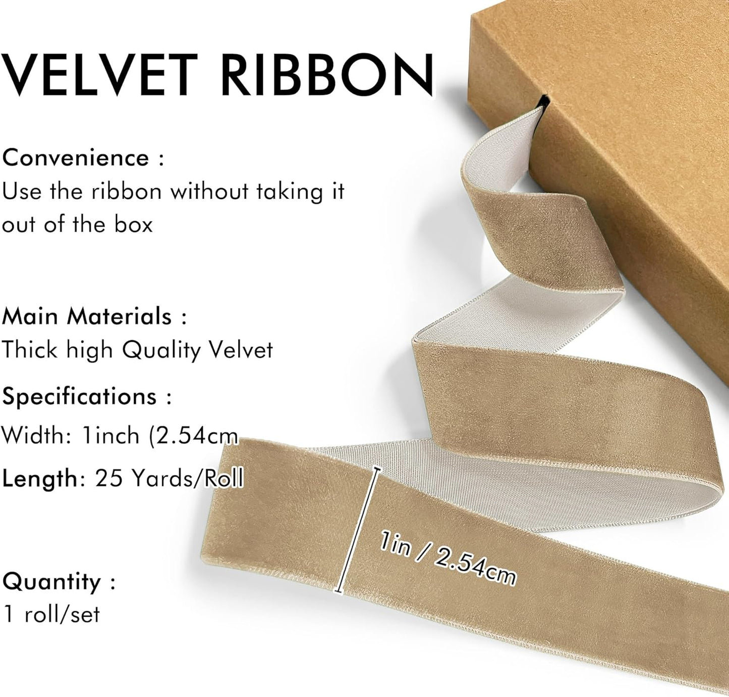 Khaki Velvet Ribbon 1'' 25 Yards for Christmas Tree, Gift Wrapping, Flower Bouquet, Wreath Decorations, Bow Making