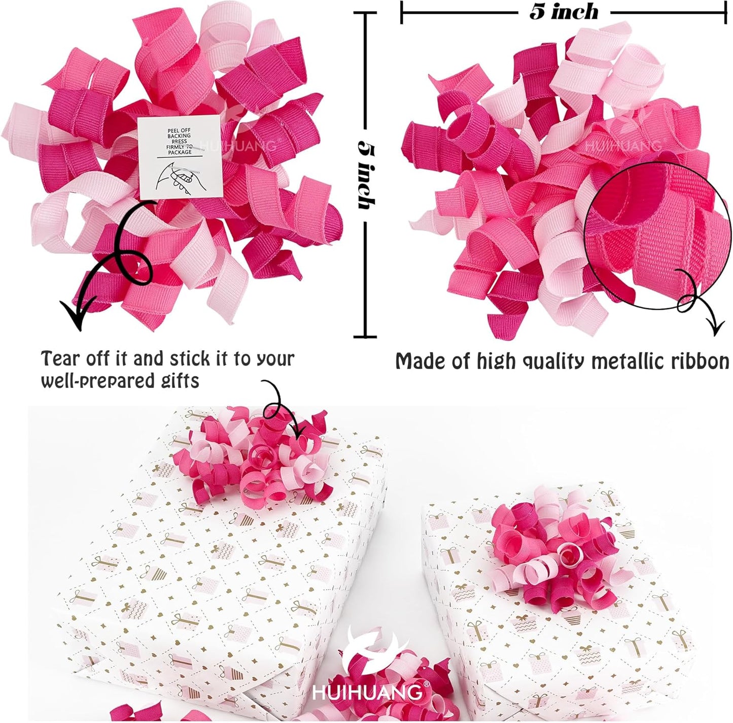 HUIHUANG Pink Bows for Gift Wrapping Self Adhesive Curly Gift Bows Fushcia/Pink/Hot Pink Bows for Presents, Birthday, Wedding Baby Shower Party Favors, Treat Bags- 6 Counts
