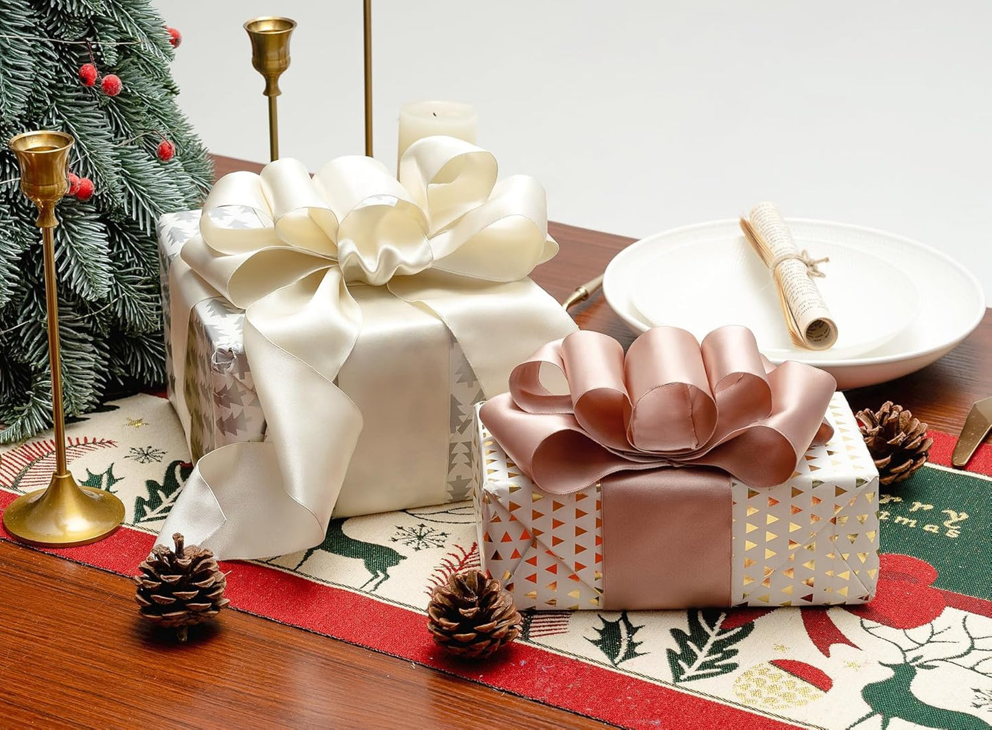 Ivory Satin Ribbon Double-Faced Wired Ribbons for Gift Wrapping Flower Bouquet Bows Wedding Invitation Christmas Decor Crafts 2-1/2 Inch 10 Yards