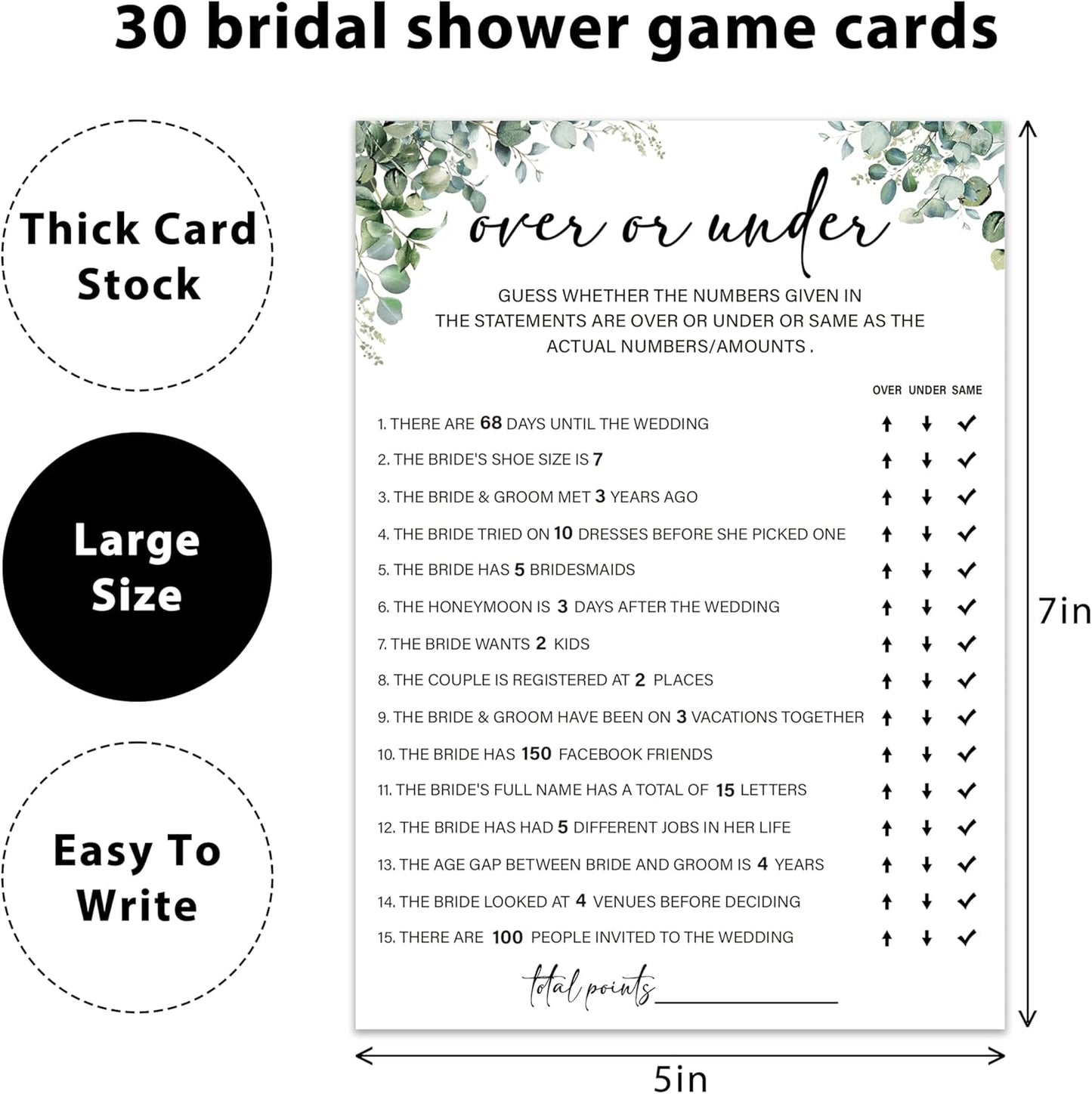 Eucalyptus Bridal Shower Game Cards - Over or Under, Wedding Engagement Bachelorette Party Bridal Shower Games for 30 Guests, Double Sided Cards Set of 30, Activity Supplies & Favor/A02