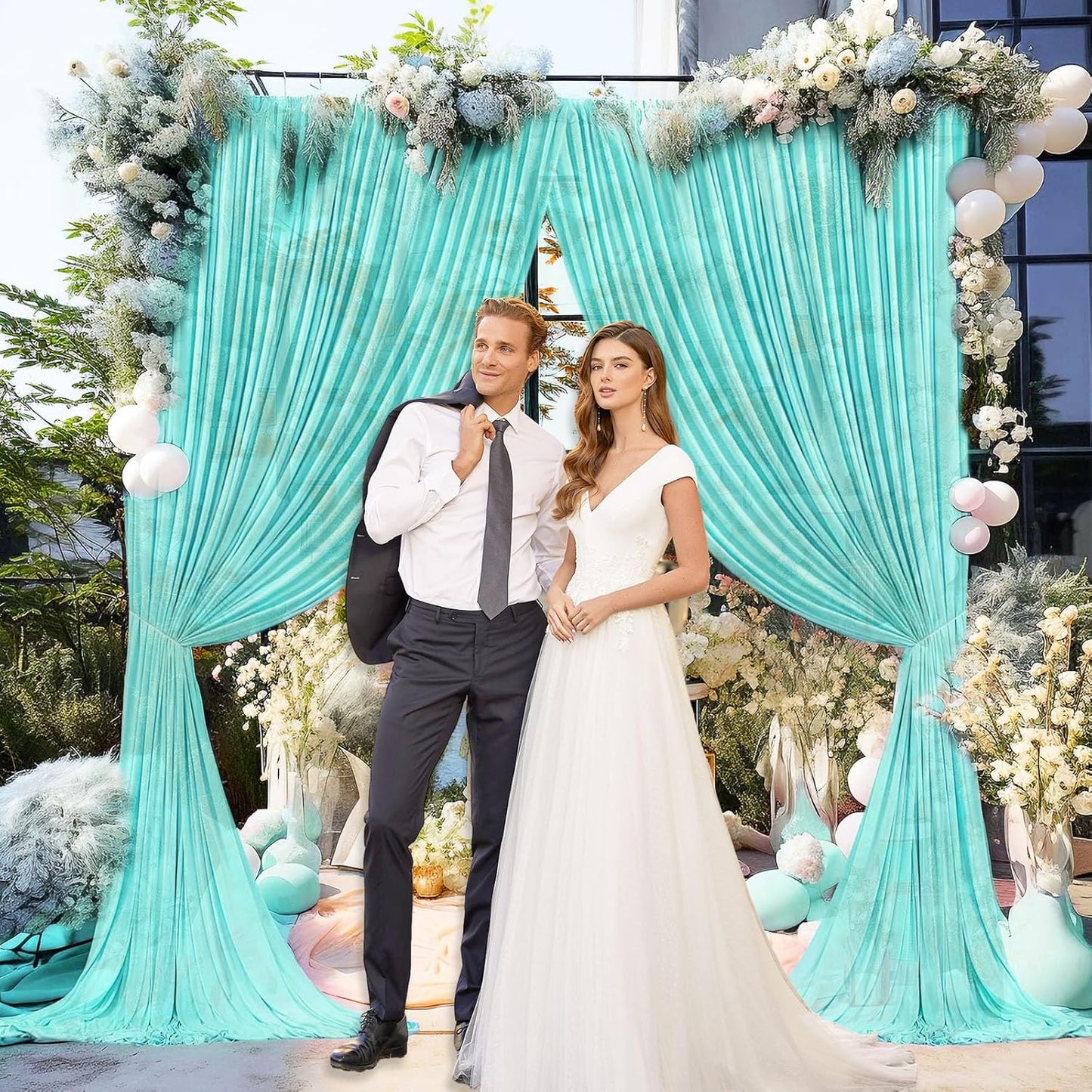 10 x 7 Feet Blue-Green Backdrop Curtain for Partie, Background Curtains for Photoshoot, Birthday, Wedding, Halloween, Thanksgiving, Christmas Day, New Year Party Decorations 5Ft x 7Ft, 2 Panels