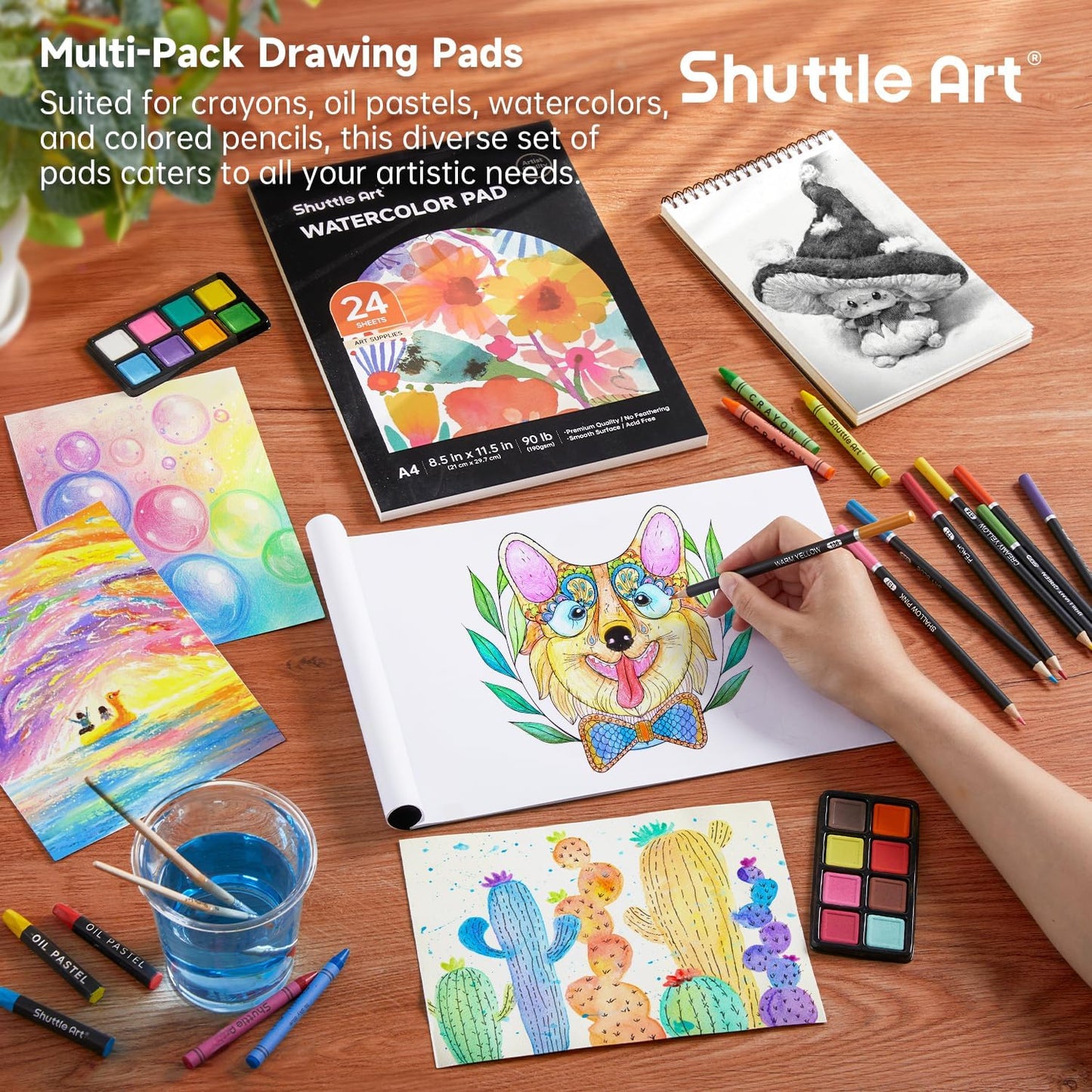 Shuttle Art 106 Piece Deluxe Art Set, Art Supplies in Wooden Case, Painting Drawing Art Kit with Crayons Colored Pencils Oil Pastels Watercolor Cakes Coloring Book Sketch Pad for Kids Adults