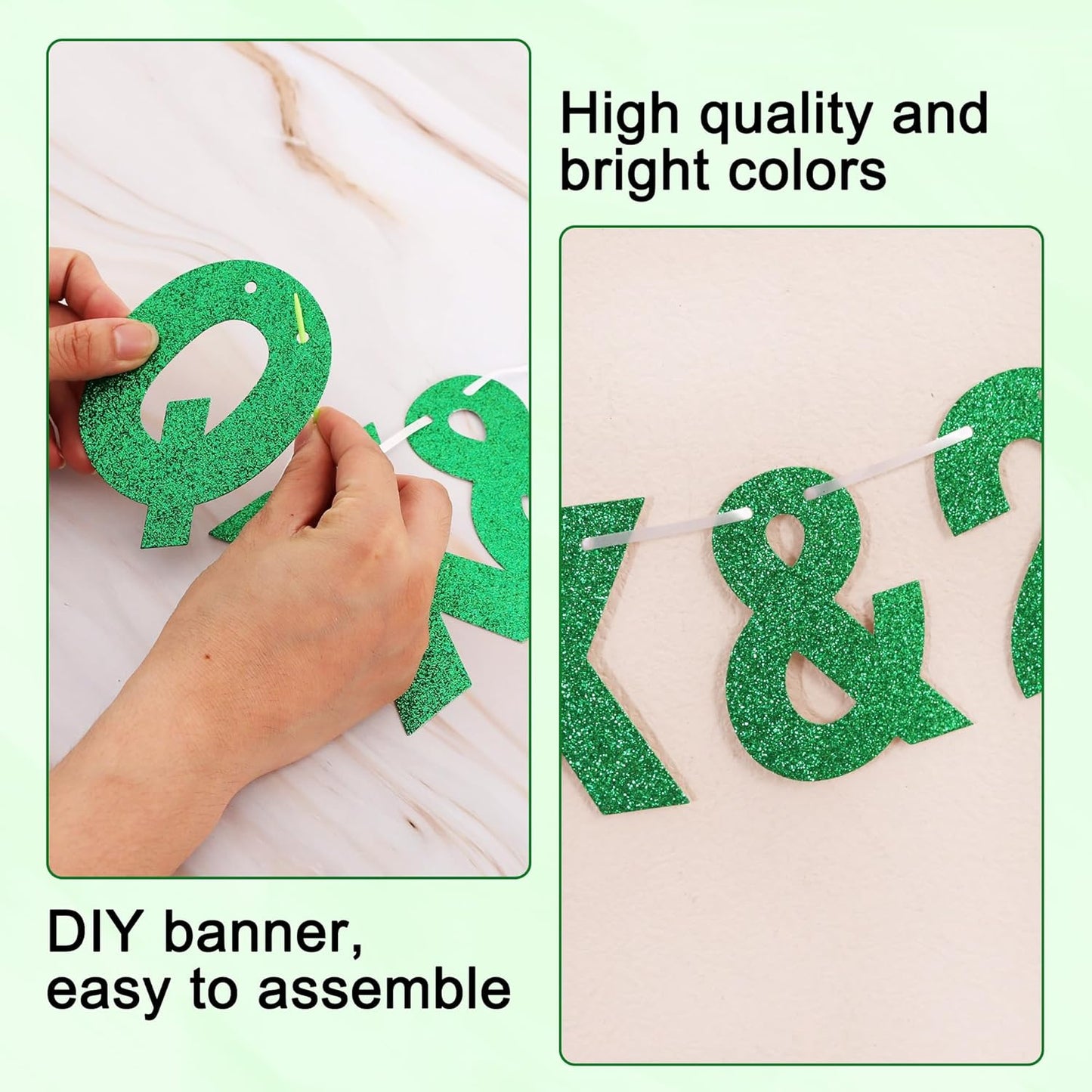 BEISHIDA 116 PCS A-Z Glitter Green DIY Letter Banner Kit Make Your Own Banner，Including 111 Letters and Numbers 3 Rope and 2 Threading Device,Customized for Birthday Graduation Wedding Party Decor