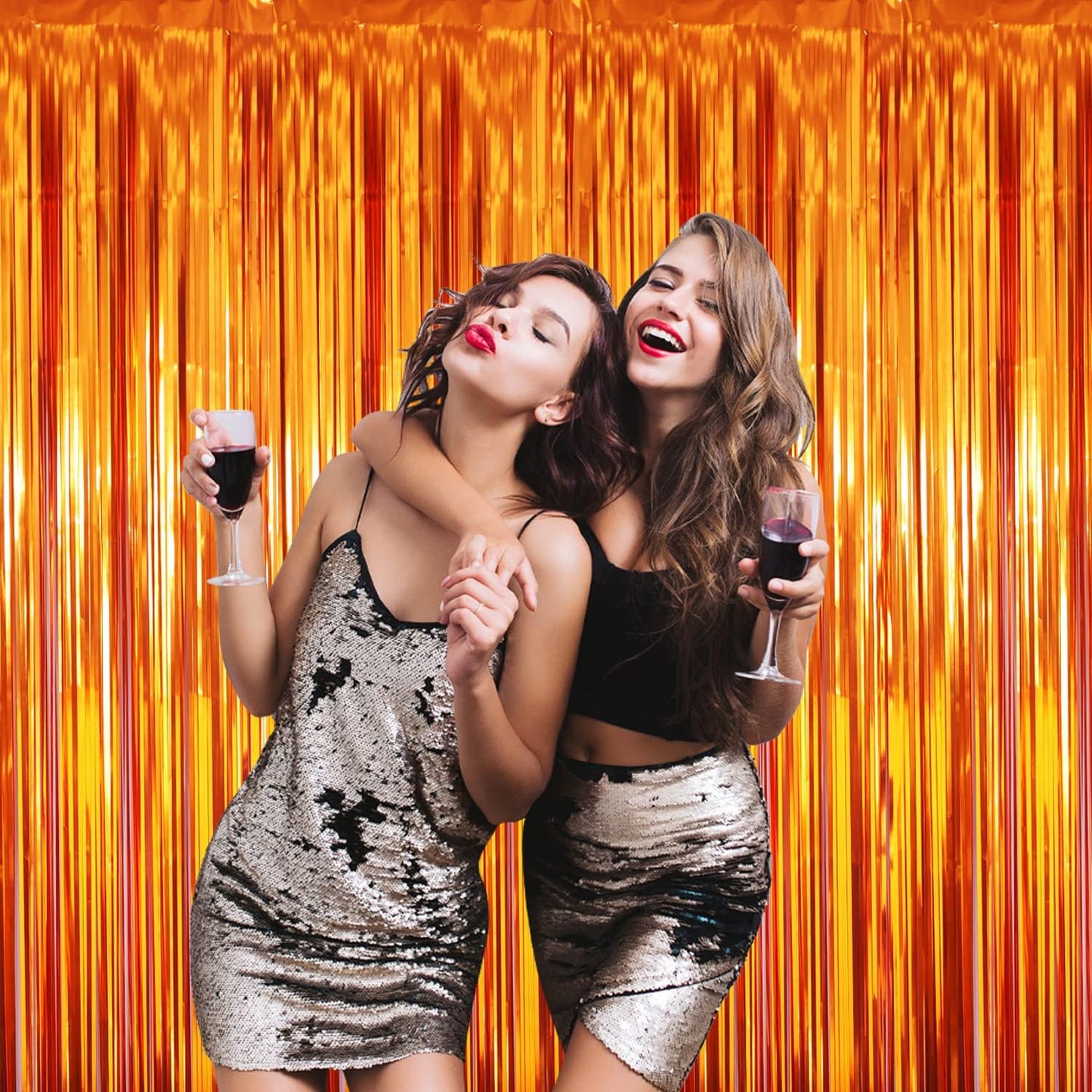 GOER 3.2 ft x 8.2 ft Metallic Tinsel Foil Fringe Curtains Party Photo Backdrop Party Streamers for Birthday,Graduation,New Year Eve Decorations Wedding Decor (Orange,1 Pack)