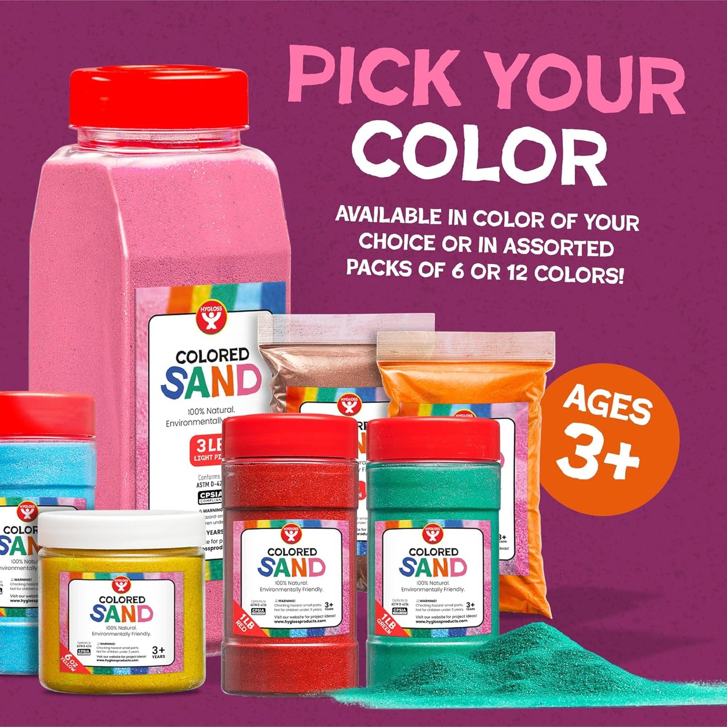 Hygloss Colored Sand for Crafts - 12 Assorted Colors 6-Ounce Vibrant Colorful Fine Sensory Play Sand Art Kits for Kids - Classroom Activities for Children 3 4 5 6 7 8 9 10 11 12 - Safe for Ages 3+
