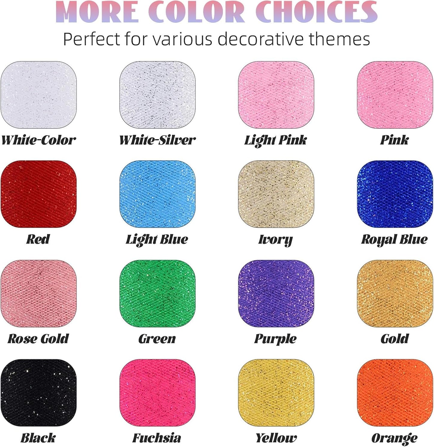 Glitter Tulle Rolls 6” by 50 Yards Sparkle Tulle Fabric Ribbon Sequin Tulle Netting Rolls for DIY Tutu Skirt Wedding Birthday Party Decoration (White/Color)