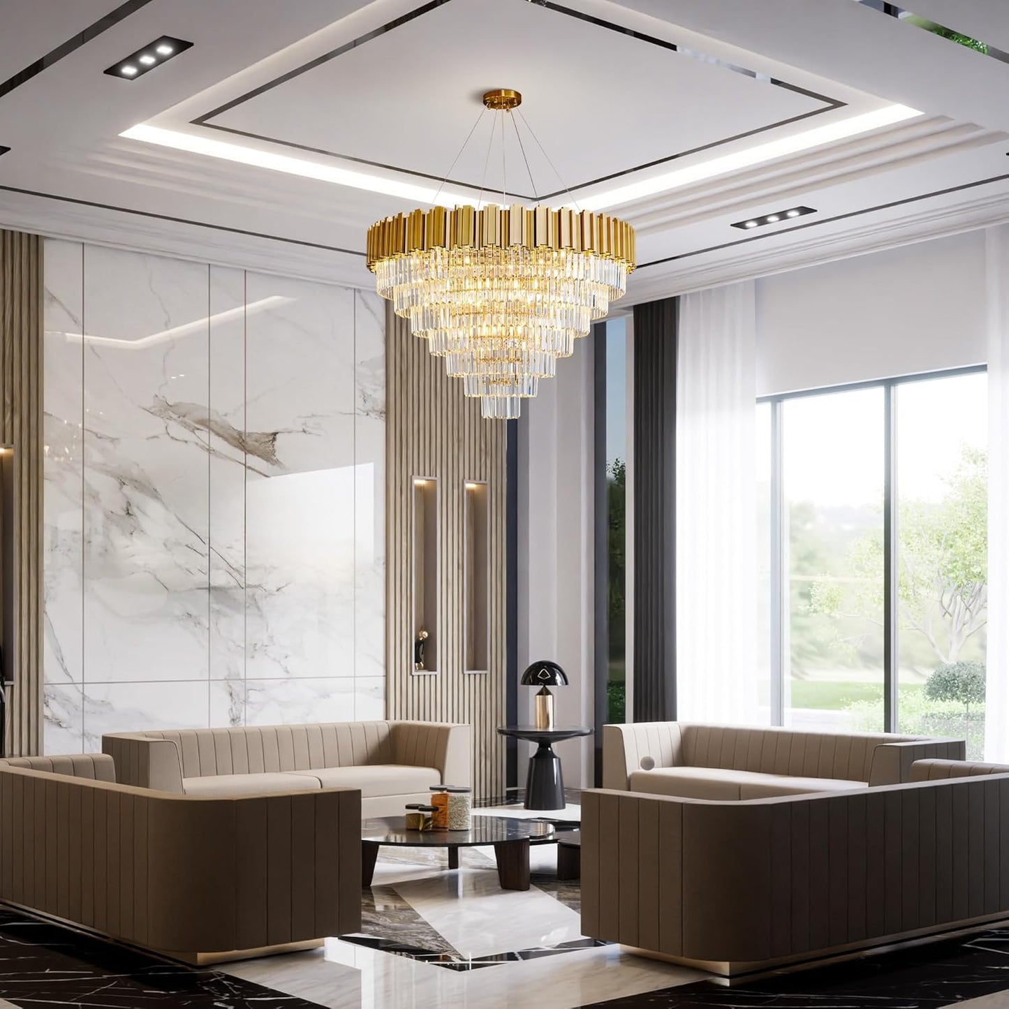 Modern Crystal Chandelier, 39" Gold Chandelier for Dining Room, 21-Light Luxury Round Chandeliers, 7-Tier Contemporary Light Fixture for Living Room, Bedroom, Foyer, Entryway, Kitchen