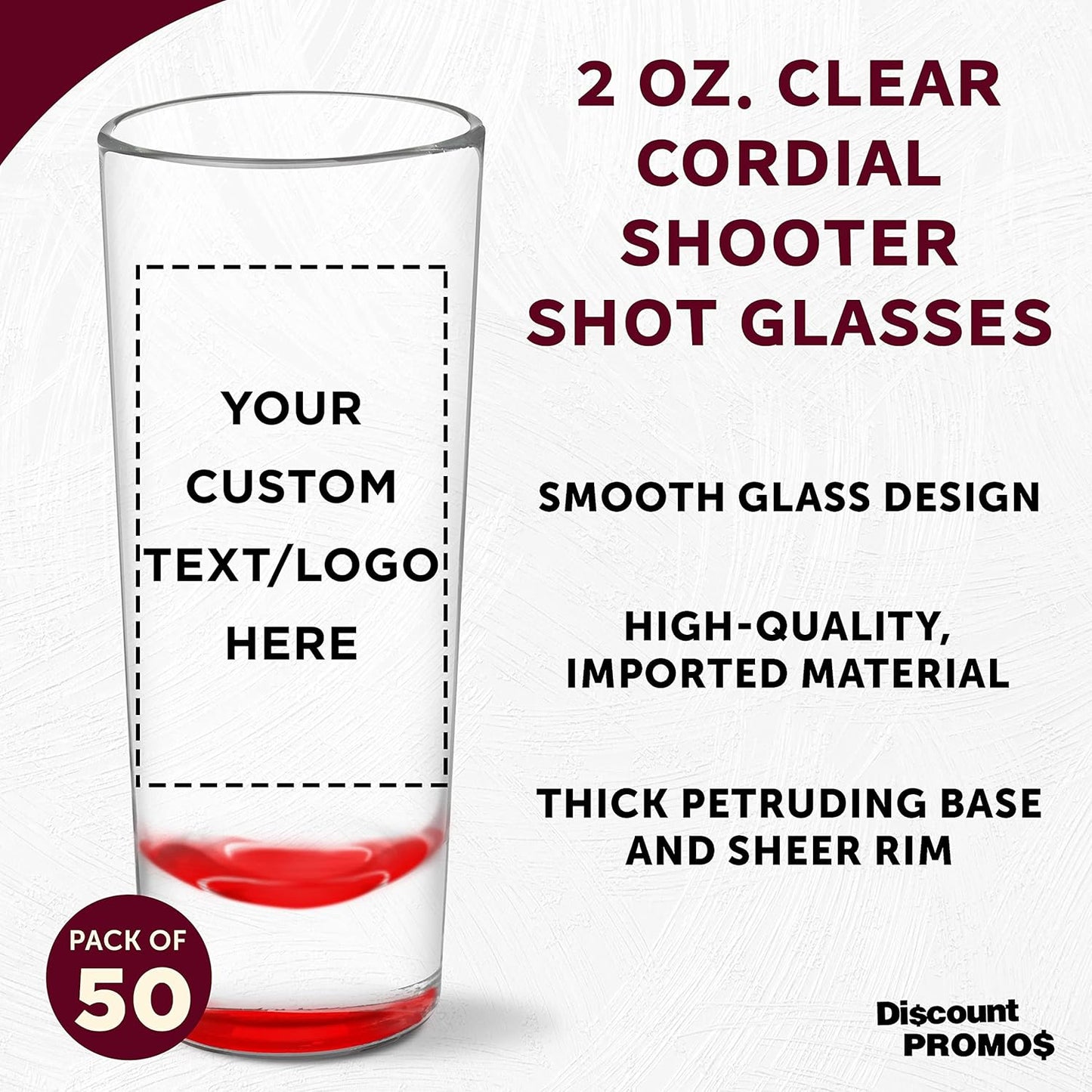 Custom Cordial Shooter Shot Glasses 2 oz. Set of 50, Personalized Bulk Pack - Great for Birthdays, Parties, Indoor & Outdoor Events - Red