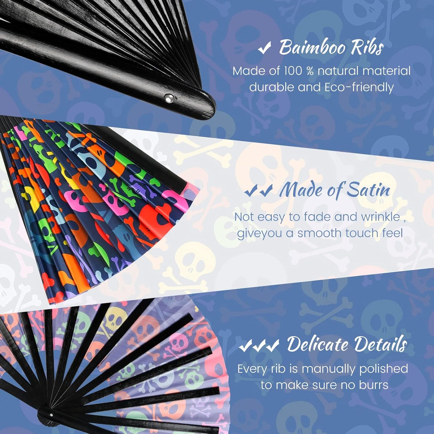 SYNTECSO Folding Hand Fan for Rave, UV Glow Fan, Large Bamboo Fan for Drag Queen, Women and Men Gift，Chinese Japanese Clack Fan for Parties, Music Festivals, EDM and Decoration