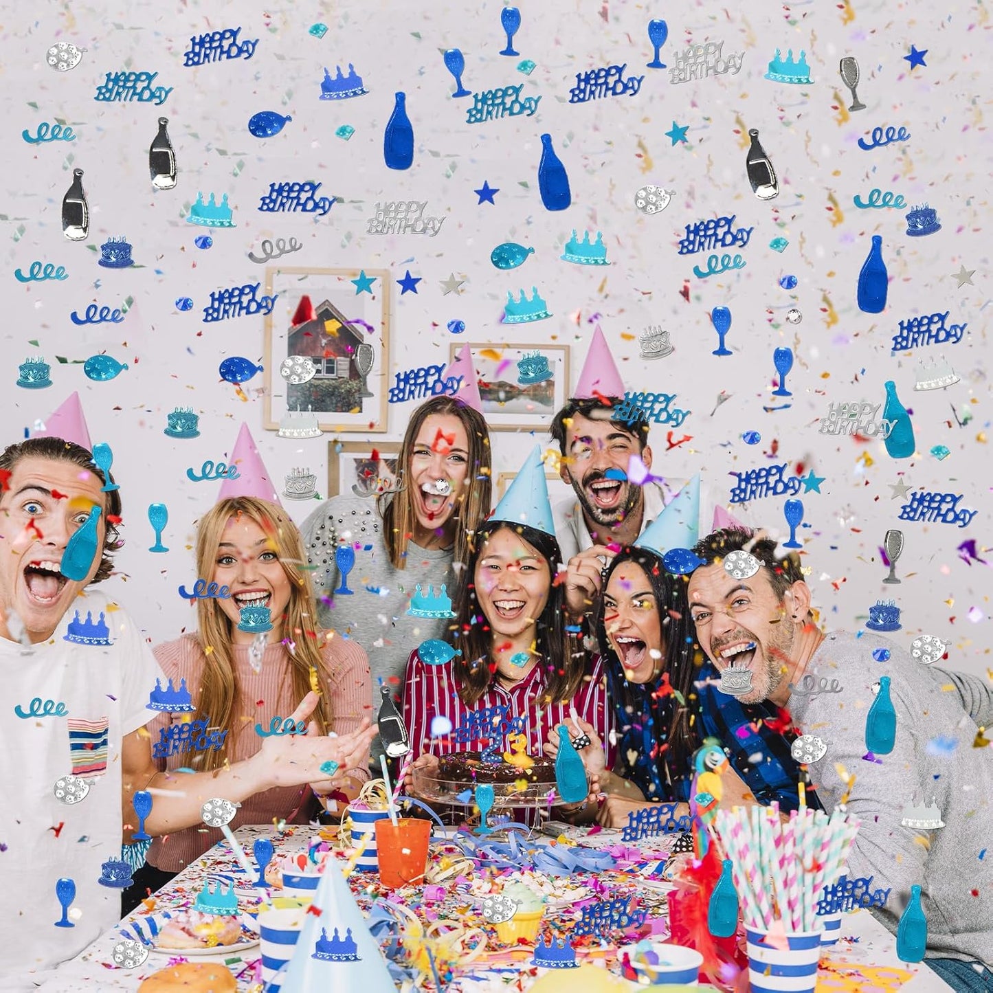 Blue and Silver Happy Birthday Confetti, 3000 Pcs Birthday Cake Table Metallic Foil Confetti Party Table Decor for Party, Baby Shower, DIY Arts and Crafting
