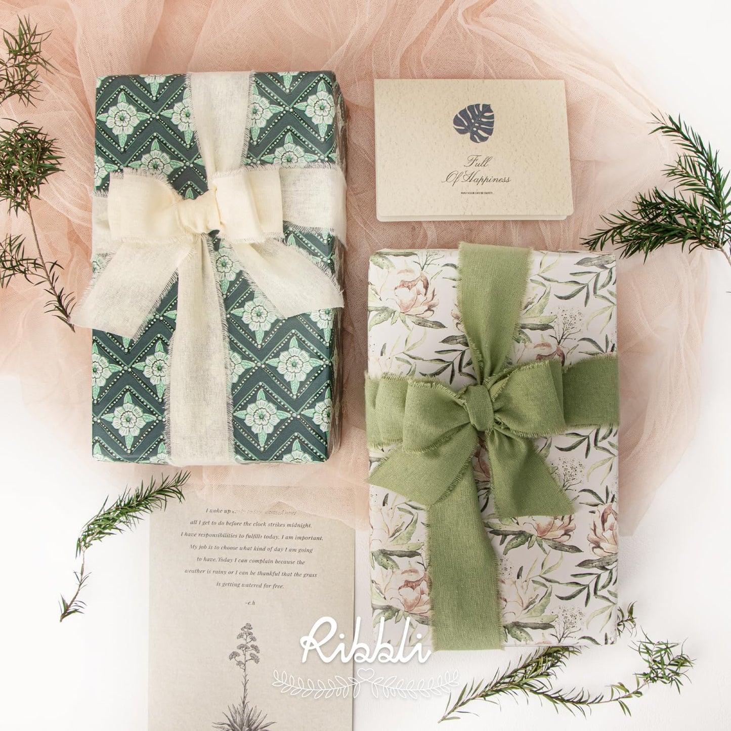 Ribbli 3 Rolls Green Ribbon 1.5 Inch x 18Yards Ivory Sage Moss Handmade Cotton Frayed Fringe Ribbons for Gift Wrapping Wedding Invites Bridal Bouquets Baby Shower DIY Crafts Home Decor