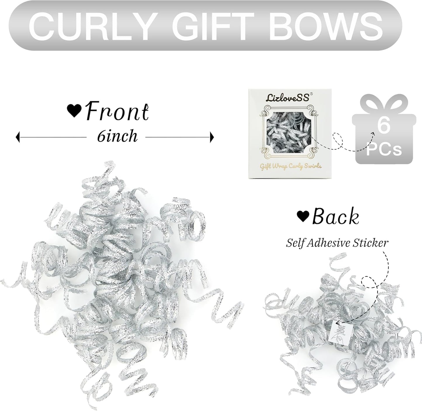 6" Metallic Silver Christmas Curly Ribbon Bows for Gift Wrapping Self Adhesive Gift Bows for Holiday Decor, Baskets, Birthday, Wedding, Presents, Party Favors Decorations 6 Counts