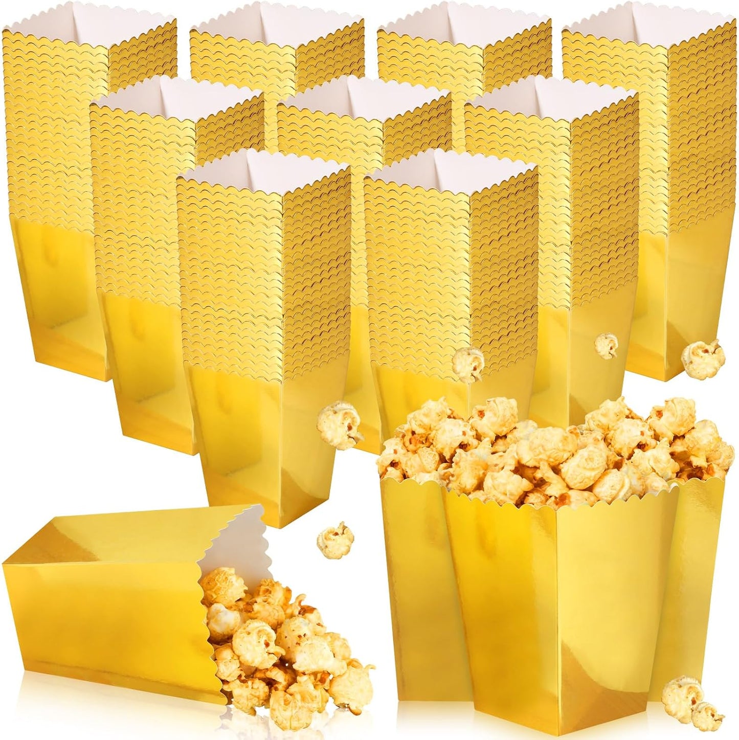 Meanplan 200 Pcs Popcorn Boxes Mini Paper Popcorn Holder Cardboard Snack Container for Party Disposable Snack Candy Bags for Birthday Wedding, 2.2 x 4.2 x 3 in(Simple,Gold)