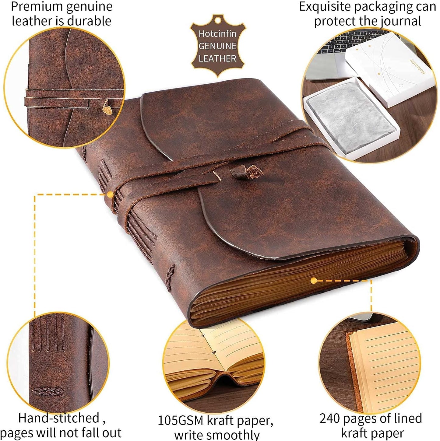 Leather Bound Journal for Men/Women, Rustic Vintage Handmade Large Writing Notebook with 240 Kraft Lined Pages(5x7 inches), Business/Travel Daily Notepad Sketchbook Gift - Brown