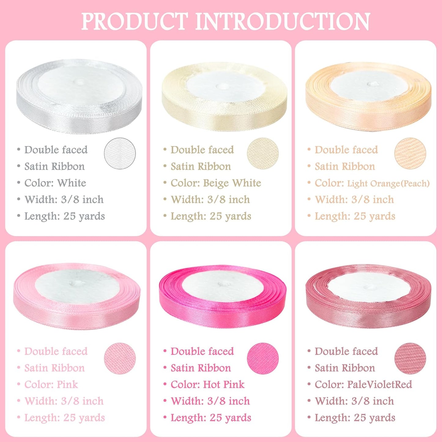 3/8" 6 Colors X 25 Yards Pink/Hot Pink Satin Ribbon,150 Yards Assorted Colors Satin Ribbons for Flower Bouquet,Ribbons for Gift Wrapping Happy Birthday Party Decorations