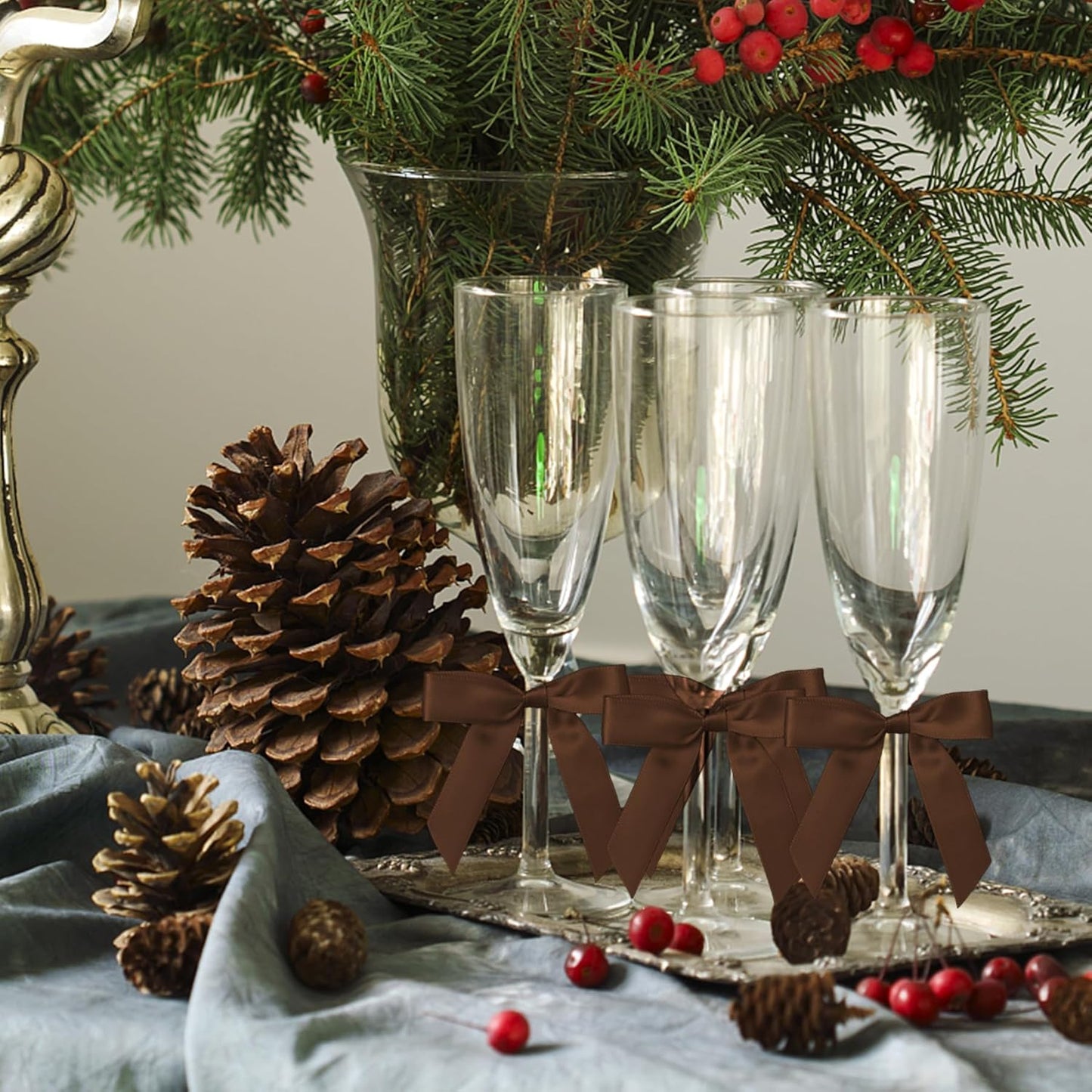 50Pcs Brown Twist Tie Bows for Gift Wrapping 2.5" Satin Ribbon Bow for Treat Bags Balloons Birthday Party Favors Wedding Decorations