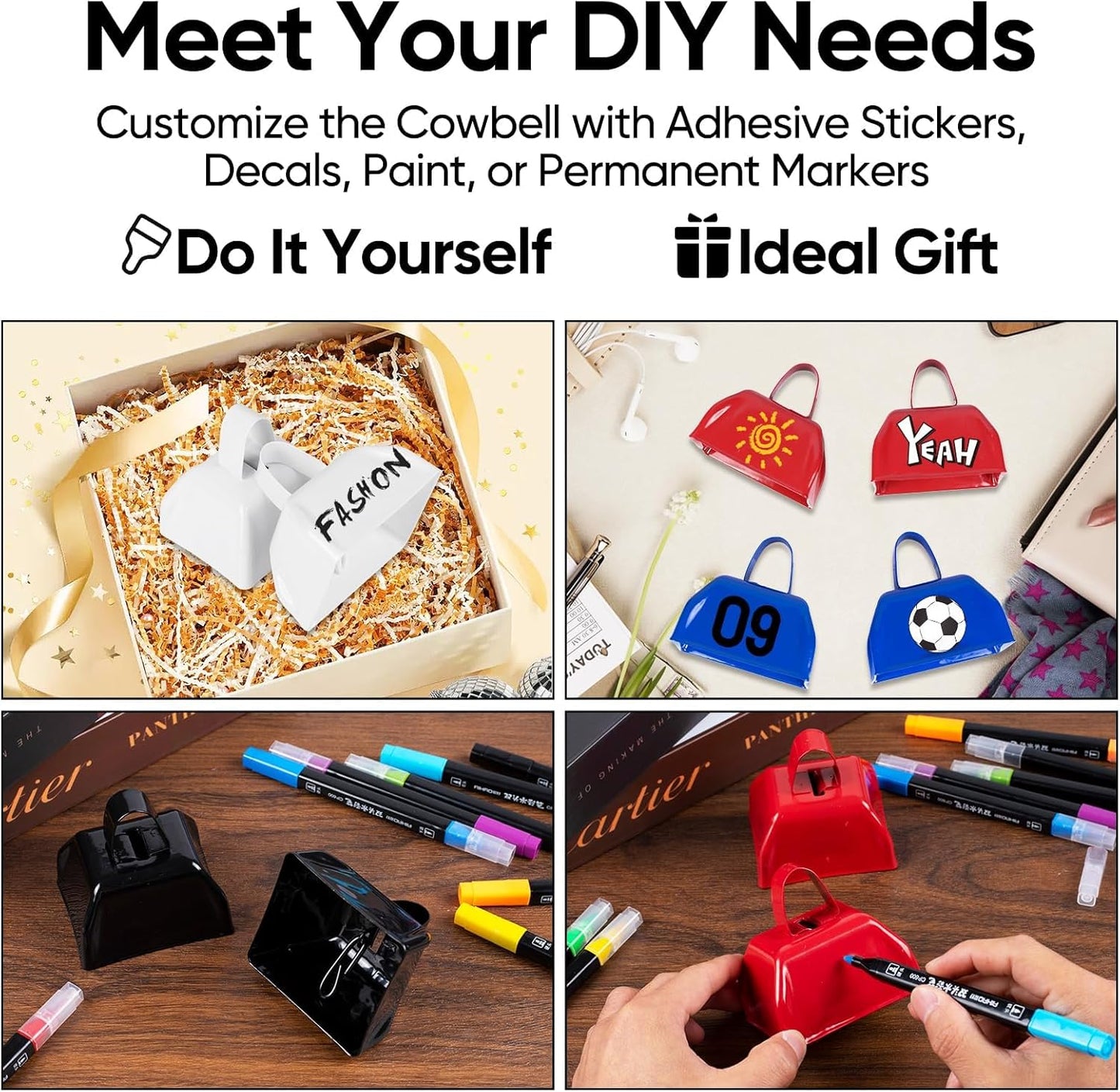 Cow Bells Noise Makers Cheering Bell: 12 Pcs Metal Cowbells with Handle for Sporting Events - Small Loud Bell Bulk Hand Percussion for Football Games Graduation Weddings-Black