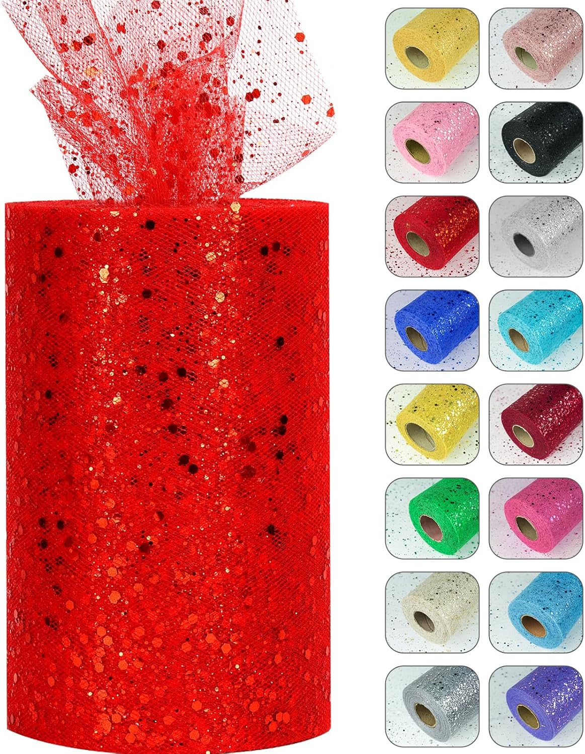 Glitter Tulle Rolls, 6” by 50 Yards (150FT) Sparkling Tulle Spool Ribbon Sequin Tulle Netting Fabric for Tutu Skirt Wedding Birthday Baby Shower (Red)