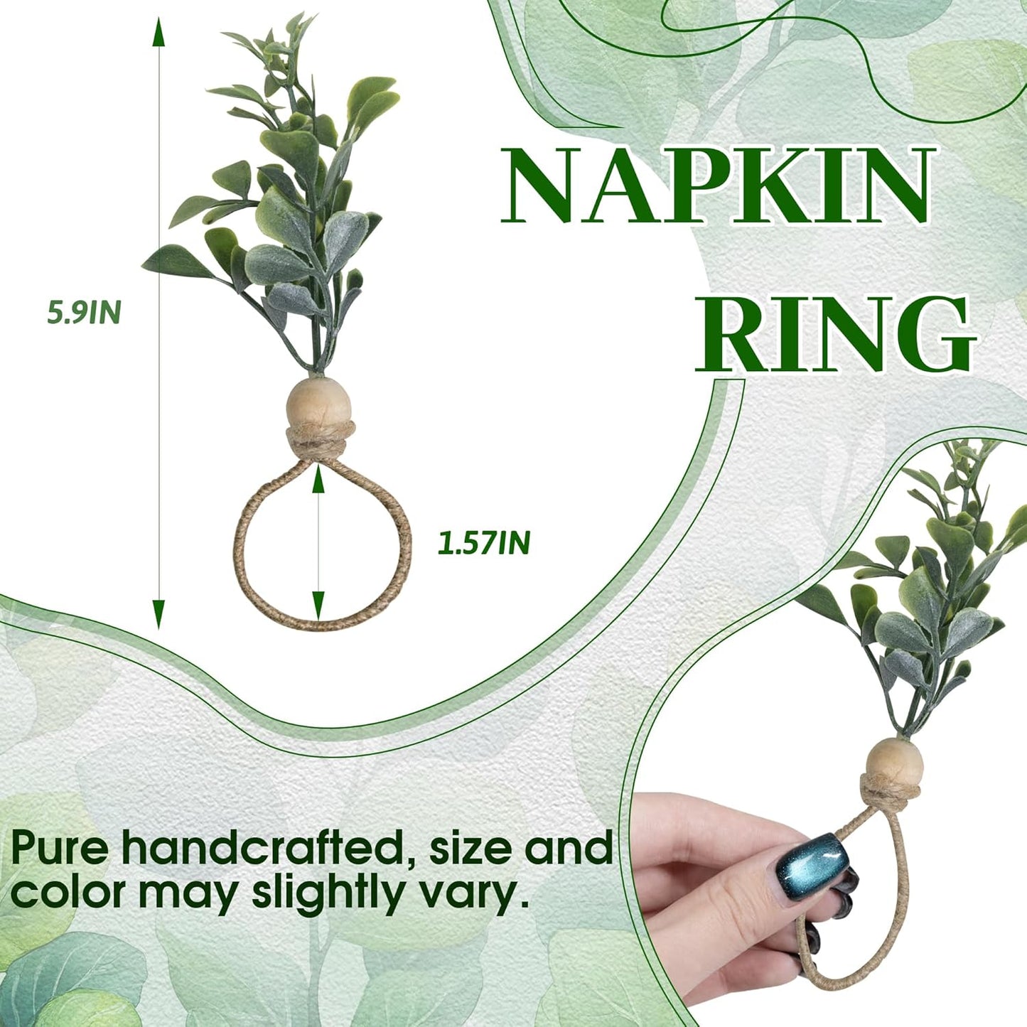 MAOANME Napkin Rings Set of 12, Rustic Eucalyptus Napkin Holder Rings with Wood Bead, Farmhouse Green Leaf Napkin Ring Bulk, Boho Napkin Ring for Wedding, Table Decor