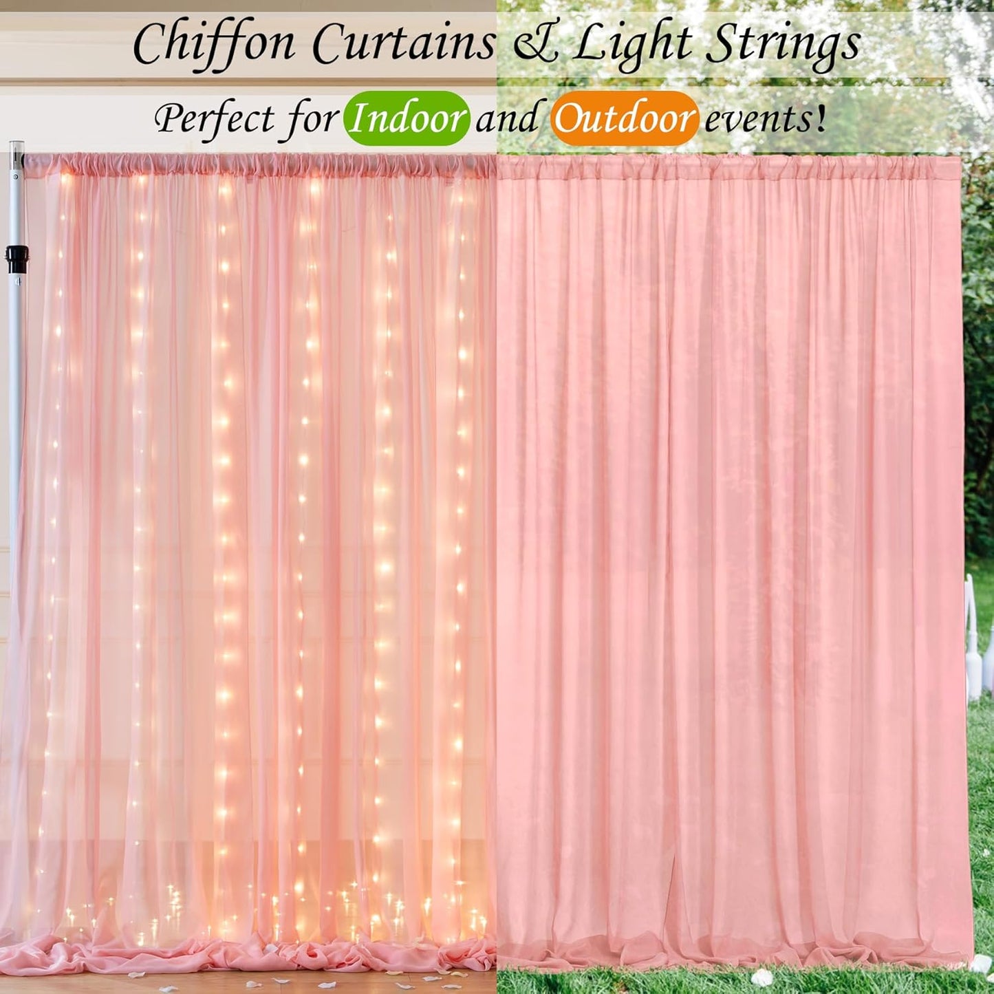 10ft x 7ft Baby Pink Chiffon Backdrop Curtain with Lights String for Parites Wedding Wrinkle Free Curtain Photo Backdrops Drapes for Baby Shower Birthday Party Home Decorations