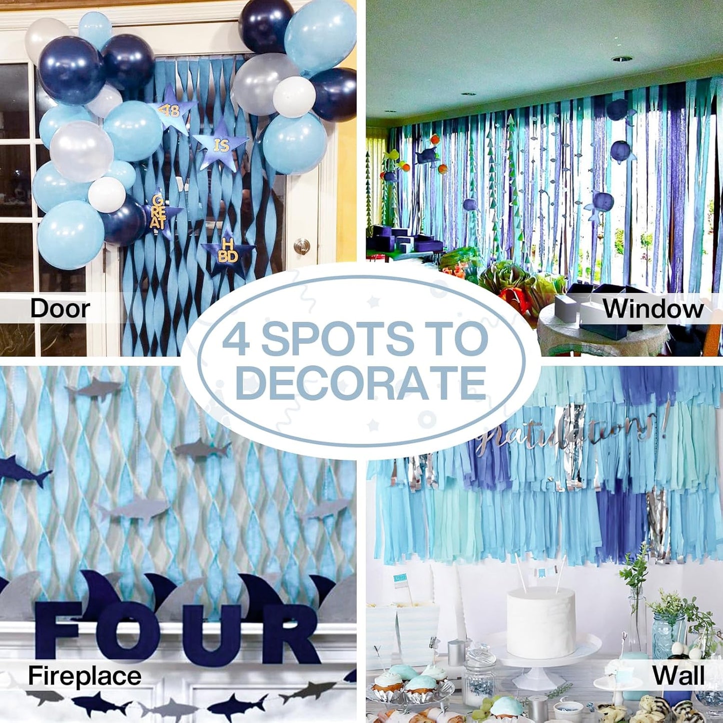 PartyWoo Light Blue Crepe Paper Streamers 4pcs 328ft Pack of Slate Blue Beige White Green Crepe Paper Streamers for Birthday Gender Reveal Baby Shower Mermaid Under The Sea Party Decorations