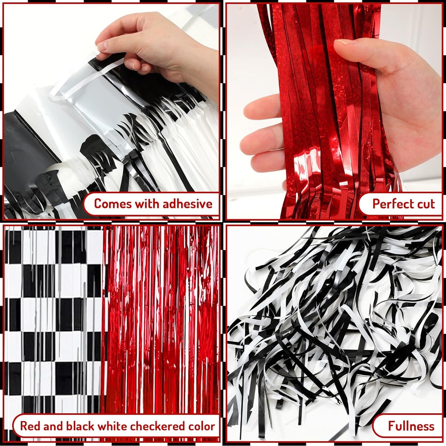 3 Pcs Racing Cars Foil Fringe Curtain Red Black White Checkered Photo Booth Props Tinsel Streamer Curtain Set for One Happy Dude Party Backdrop Decor