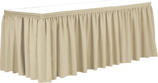 Ultimate Textile Pleat Polyester Fabric Table Skirt - Machine Washable Flame Resistant with Clips for Events, Weddings & Trade Shows, Cut & Sewn in Paterson, NJ - Tan, 21' Shirred Pleat