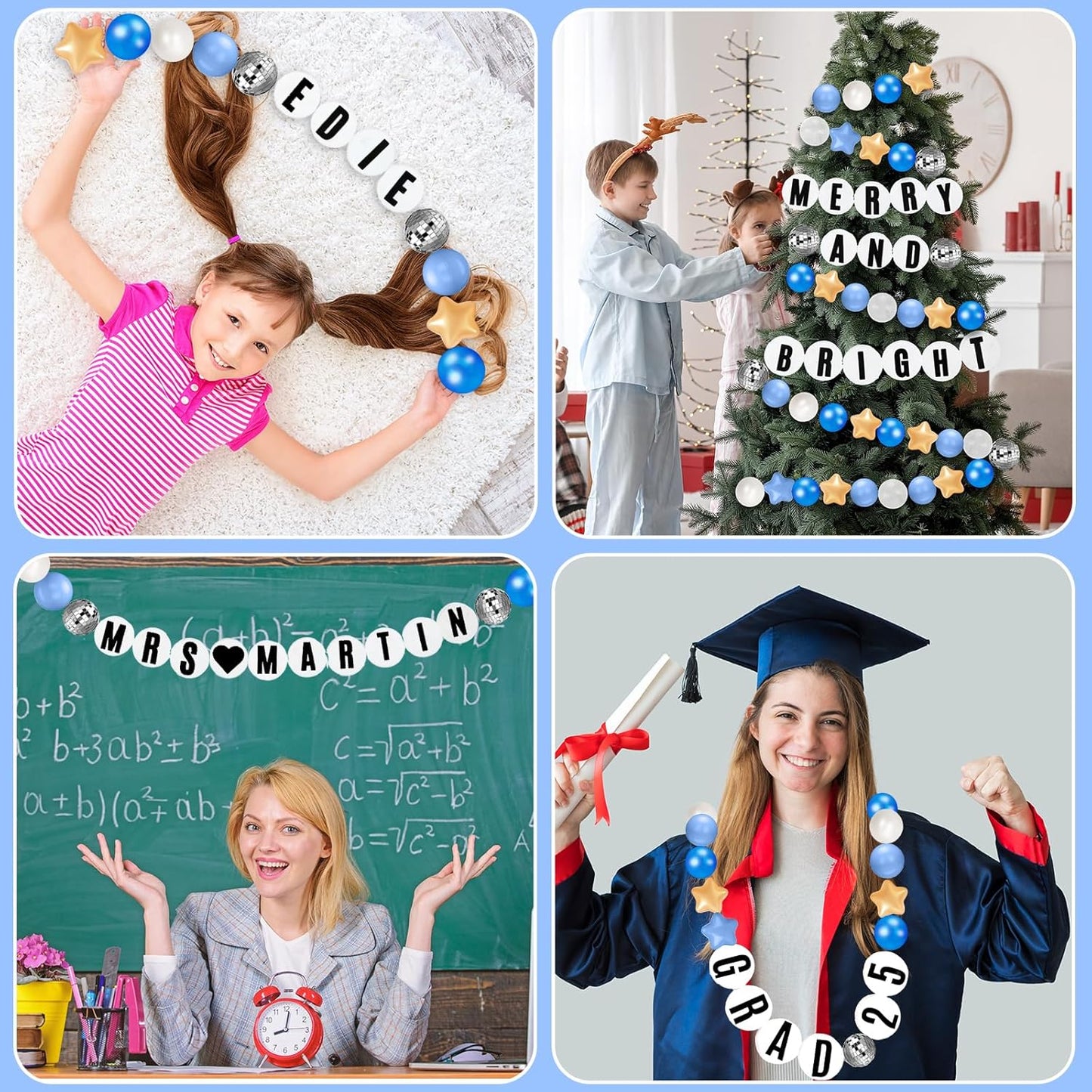 Giant Friendship Bracelet Garland Kit, DIY Birthday Banner with Letters Ball Jumbo Customizable Friendship Bracelet Decor for Halloween Christmas Wedding Party(Blue, Gold, White)