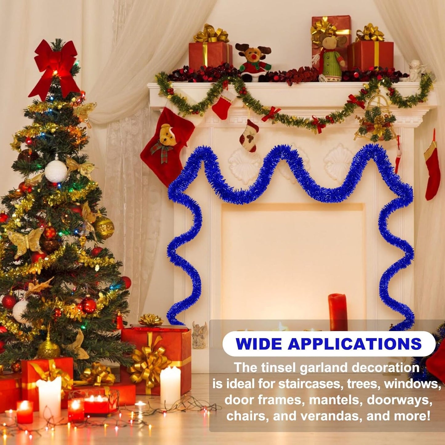 50 Feet Blue Christmas Tinsel Garland, Metallic Foil Twist Banner Wall Hanging Tinsel Streamers Backdrop for Parade Floats, Christmas, Mother's Day, Birthday Party Decorations(2in x 50ft)