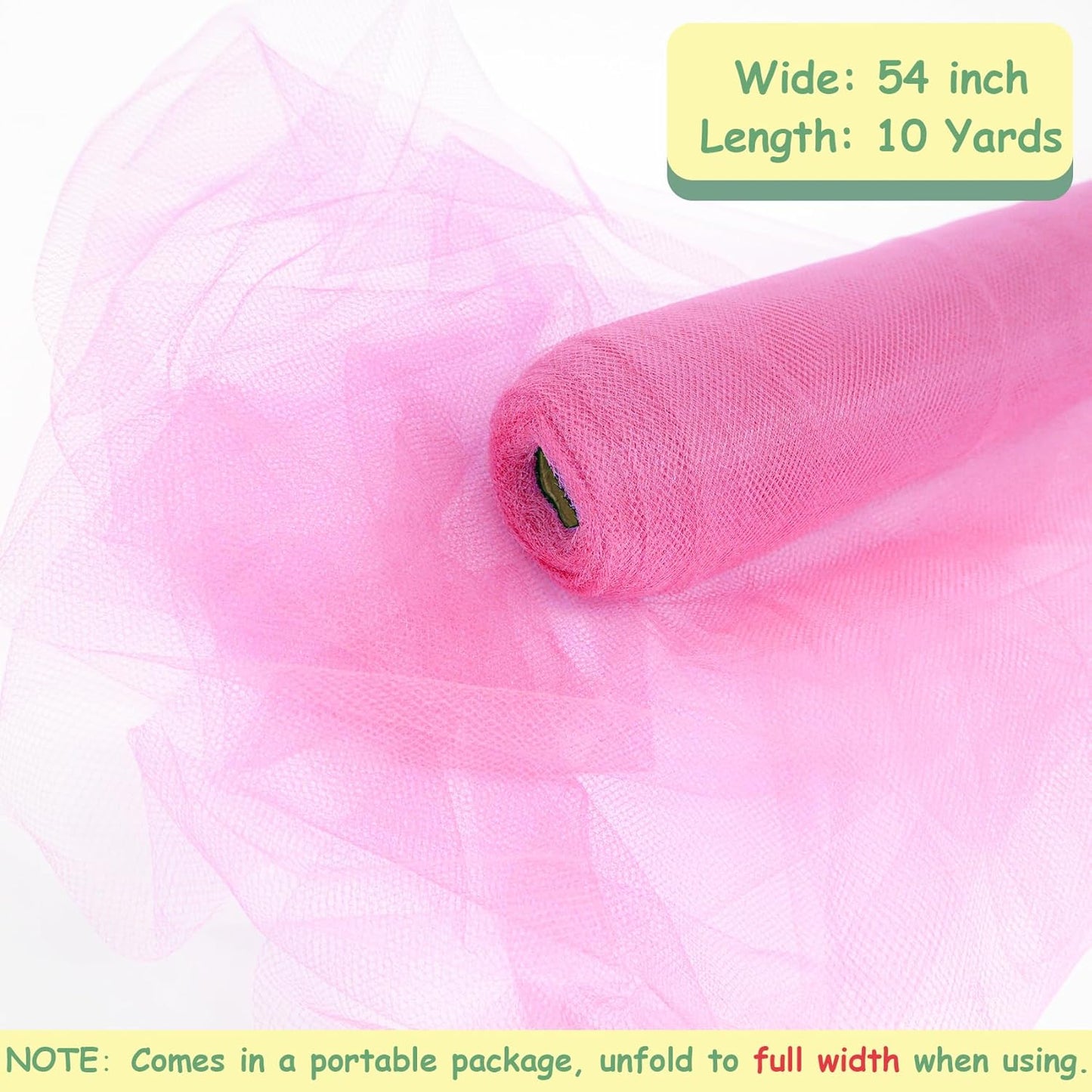 Pink Tulle Fabric Roll, 54 Inch by 10 Yards (30 ft) for Wedding Party Decoration Spool Bolt, Ceiling Decor, Tutu Skirt, Gift Wrapping, Soft & Drape (Pink)