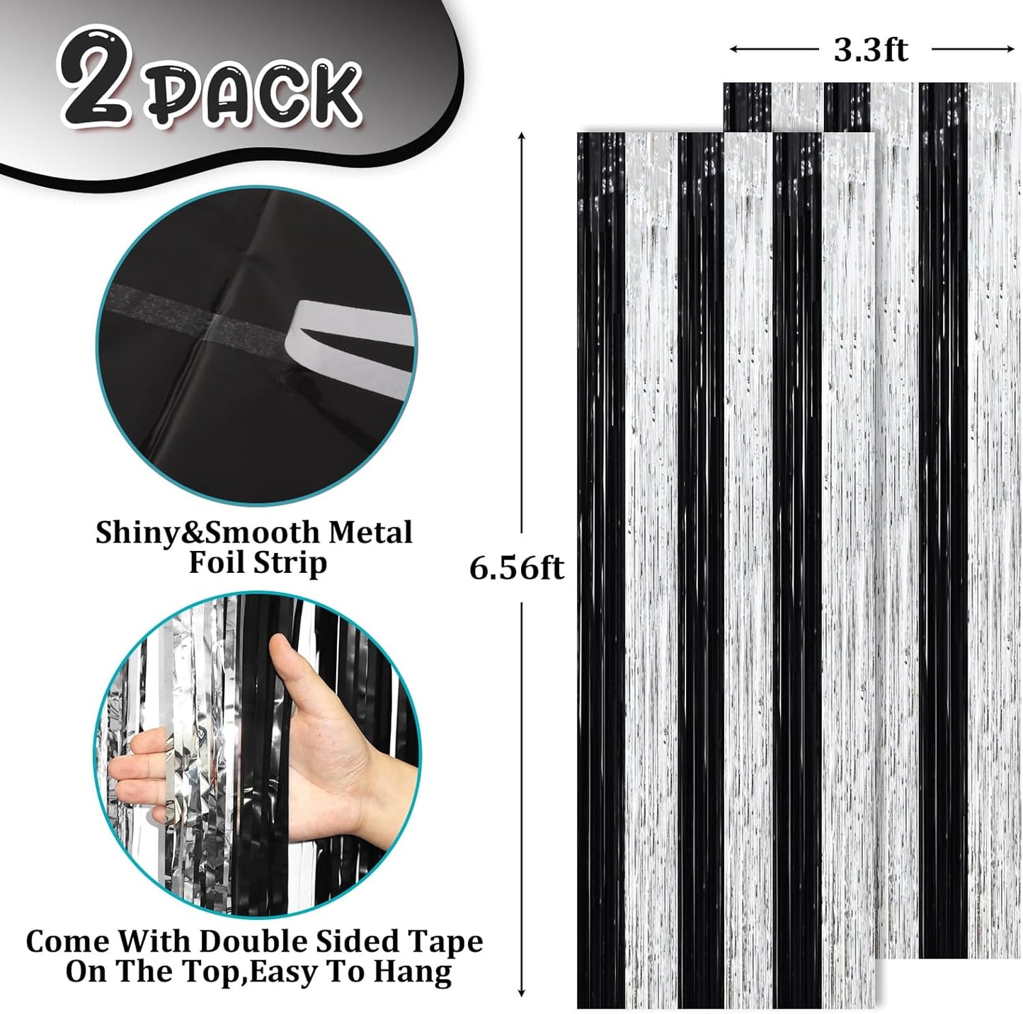 2 Pack Black and Silver Tinsel Foil Fringe Curtains, Black White Party Decorations, Metallic Tinsel Party Streamers Backdrop for New Years Birthday Christmas Graduation Decorations