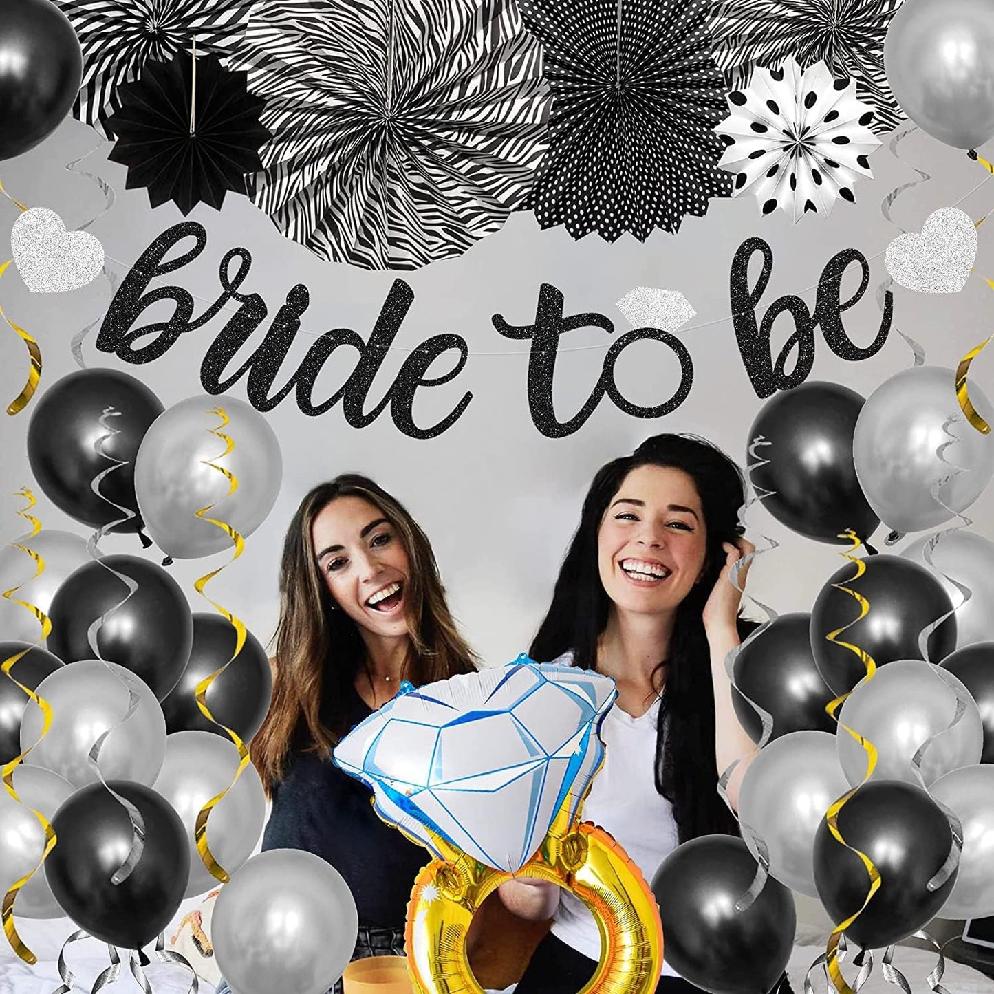Black Silver Party Decorations - Bridal Shower Decorations Set Bachelorette Party Supplies with Bride to Be Banner,Bride Foil Balloon,Diamond Ring Foil Balloon,Paper Fan Hanging Swirl