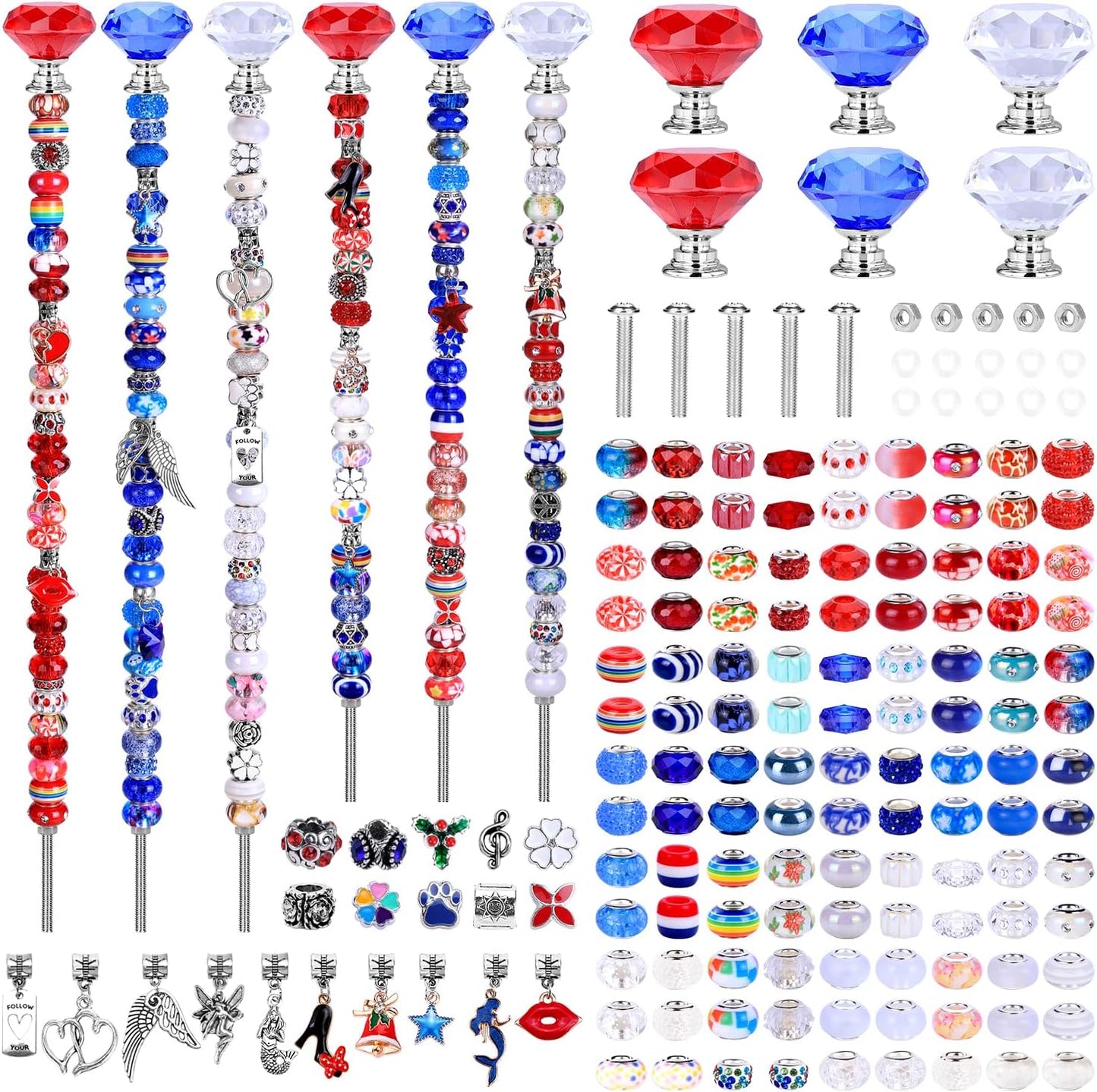 DIY Fairy Wand Garden Beads Stakes Wands Kit,Multiple Color Scheme European Beads Crystal Diamond Tops and 12 or 10 Inch Threaded Rods,Stainless Steel Stakes with Diamond Toppe(Red+White+Blue)