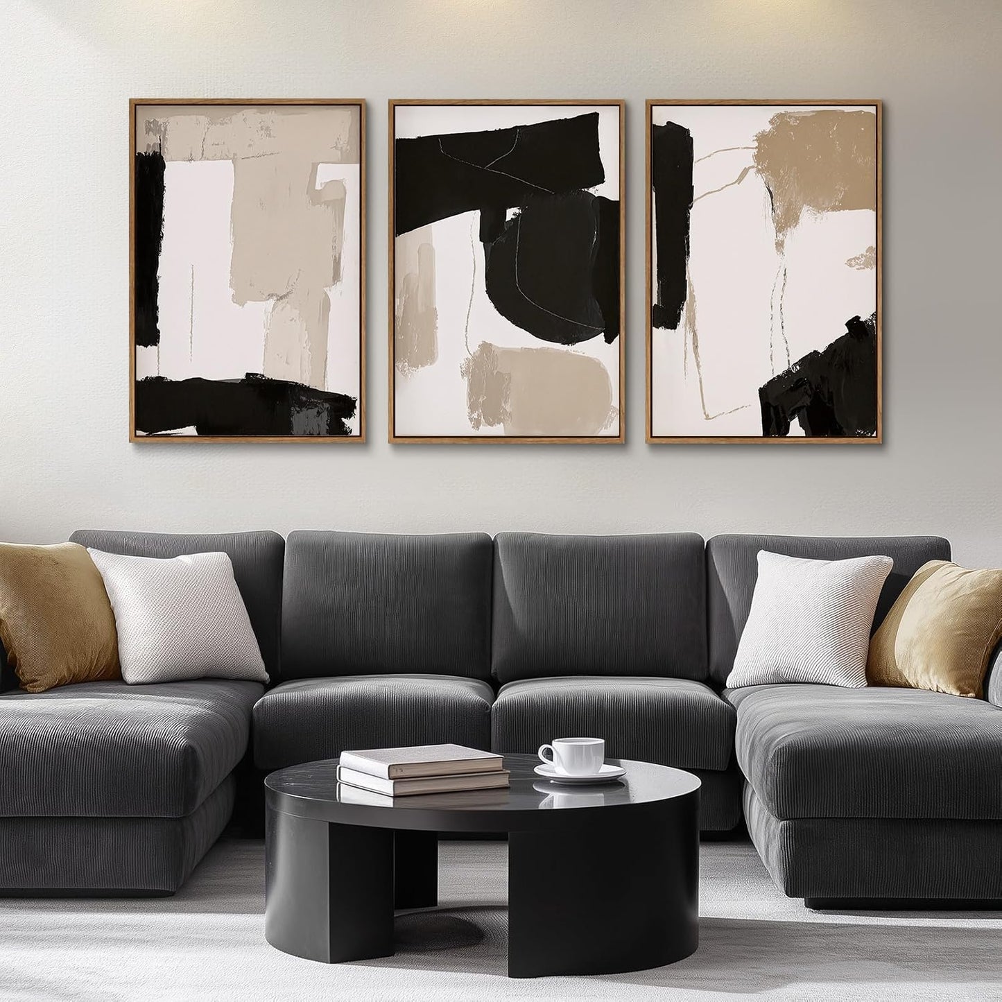 myusuar 3 Piece Large Modern Abstract Canvas Framed Wall Art For Living Room, Black And Beige Blocks Minimalist Wall Art Decor Posters Prints For Bedroom Office, 24x36in