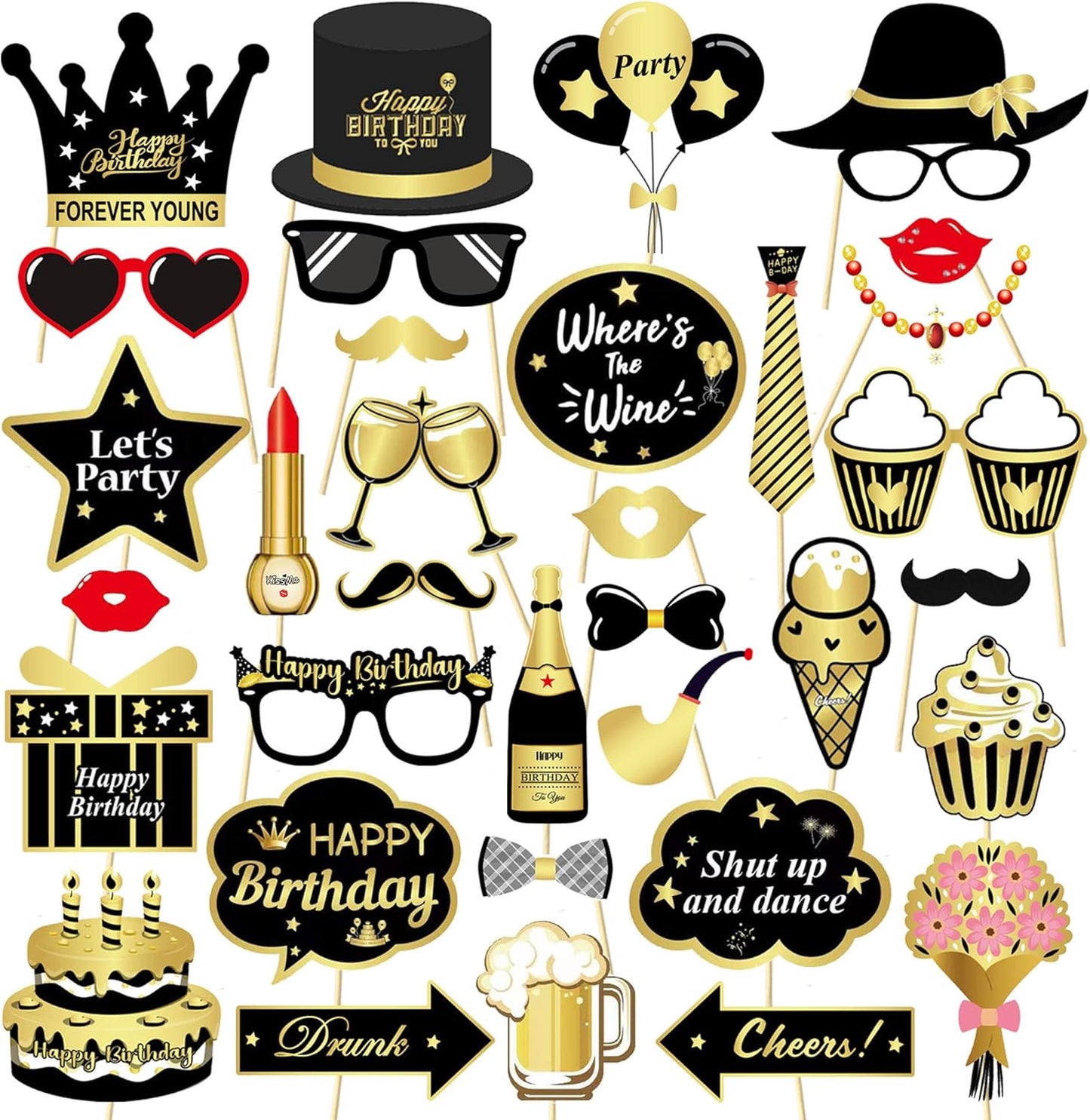 34pcs Birthday Party Photo Booth Props Kit, Favors Supplies for Men Women Party Decor Photobooth,Funny Birthday Party Supplies(Gold and Black)