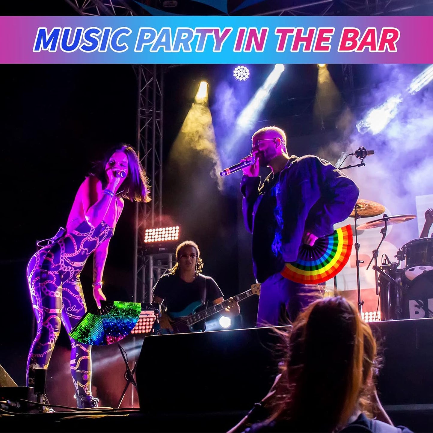 Qunclay 12 Pieces UV Glow Large Rave Folding Hand Fan Festival Fan for Men Women Chinese Japanese Clack Handheld Fan with Rainbow Butterfly for Drag Queen Dance Performance Music Party Gifts, 24 Inch