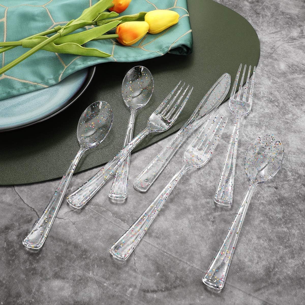 Supernal 360pcs Clear Plastic Silverware, Glitter Disposable Cutlery with Colorful Design,120 Forks,120 Knives,120 Spoons,Perfect for Parties Birthday