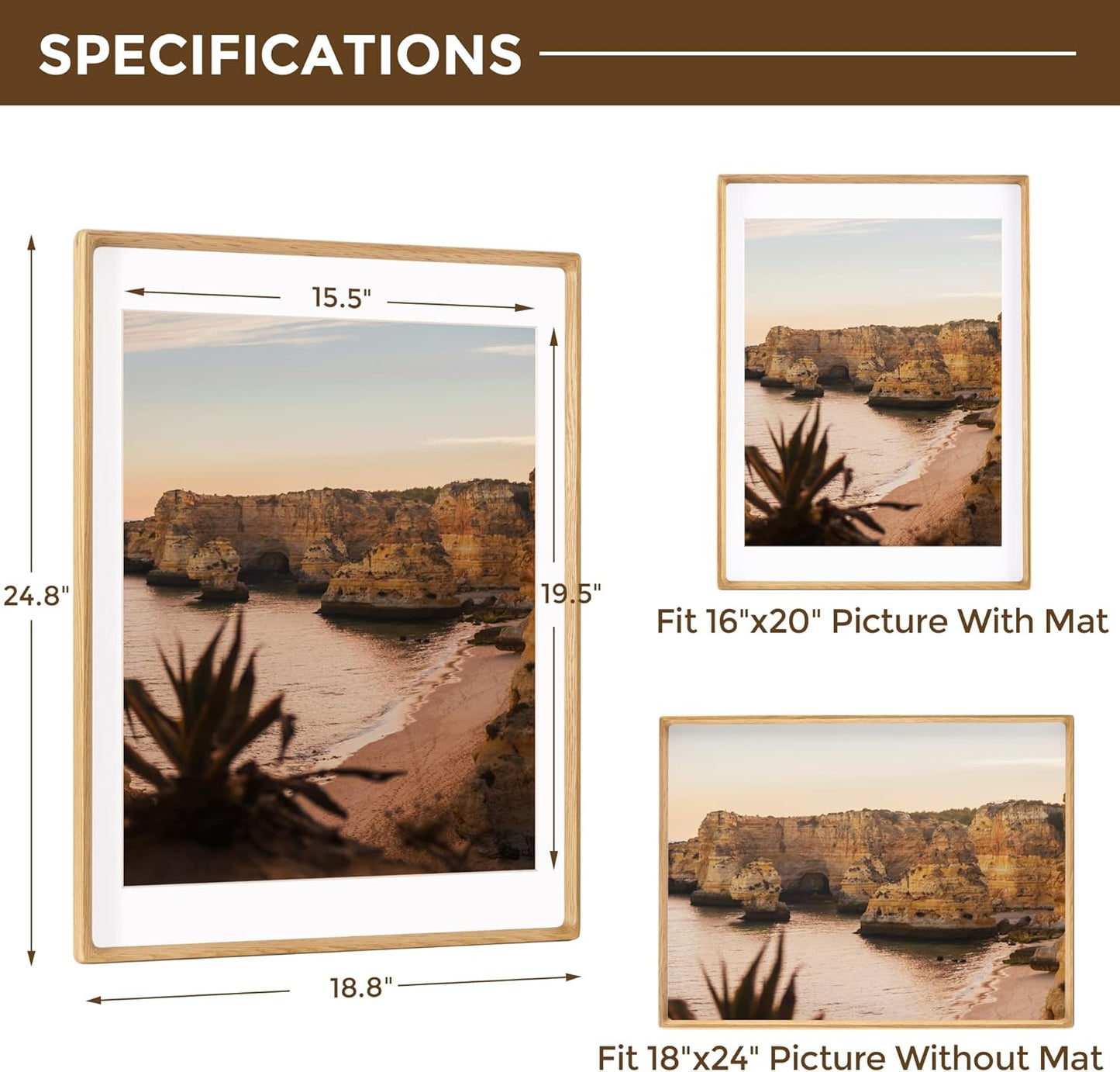 18x24 Frames USA-Sourced Natural Oak Wood Solid Wood Photo Frame Handcrafted Rounded Corner with Mat to 16x20 Picture Display with Real Glass Family Picture, Wedding Photo Mounted