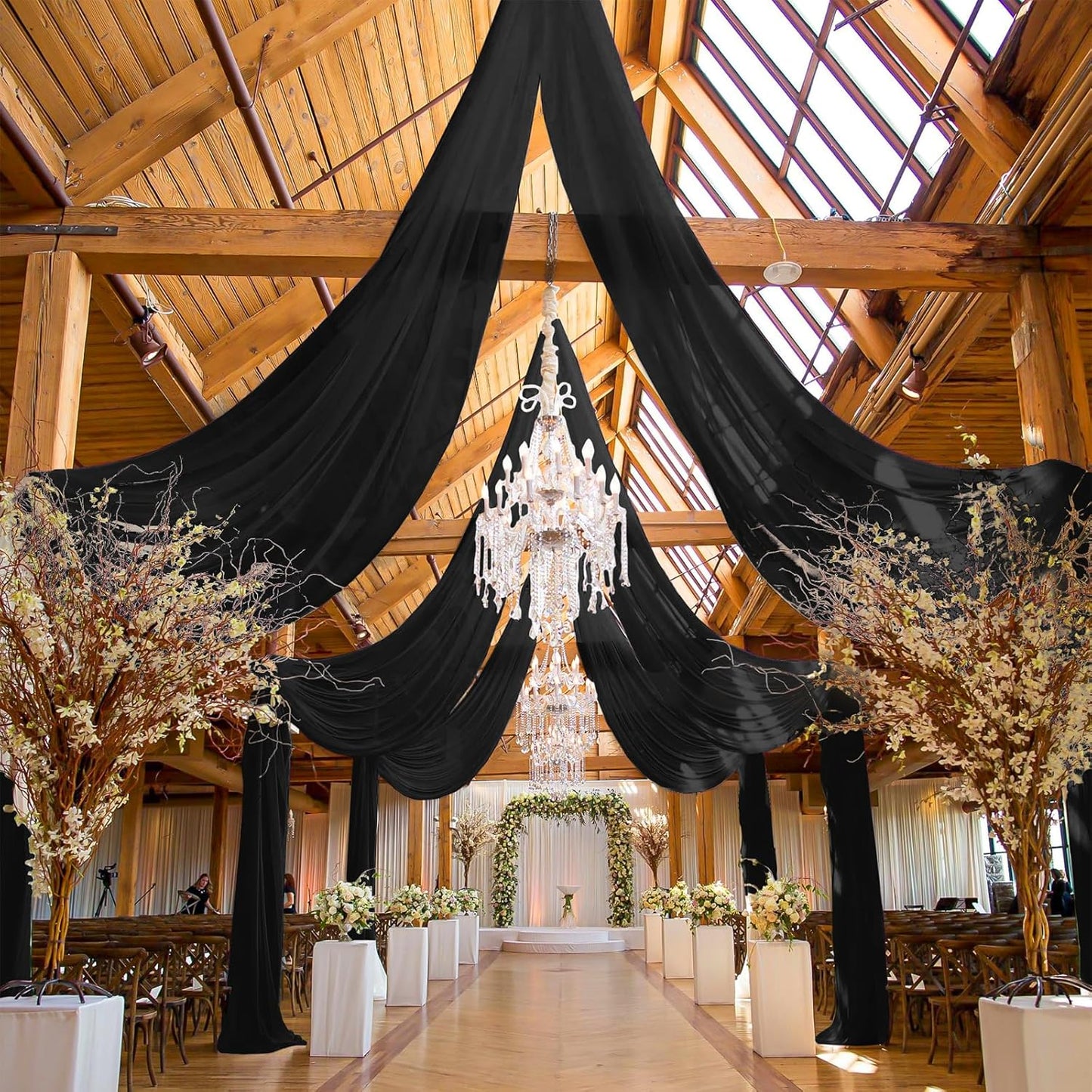 6 Panels Black Ceiling Drapes for Wedding, 5ftx30ft Ceiling Drapes Cheesecloth Sheer Fabric Curtain Wedding Arch Draping Fabric Romantic Ceilings Decorations for Weddings Party Ceremony Stage