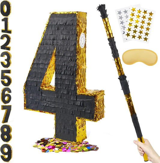 PCFING 20 Inch Number 4 Piñata Gold Black with 30 Inch Piñata Stick Blindfold Confetti for Man Women Boys Girls Birthday Party Decorations, Anniversary Celebration, Fiesta