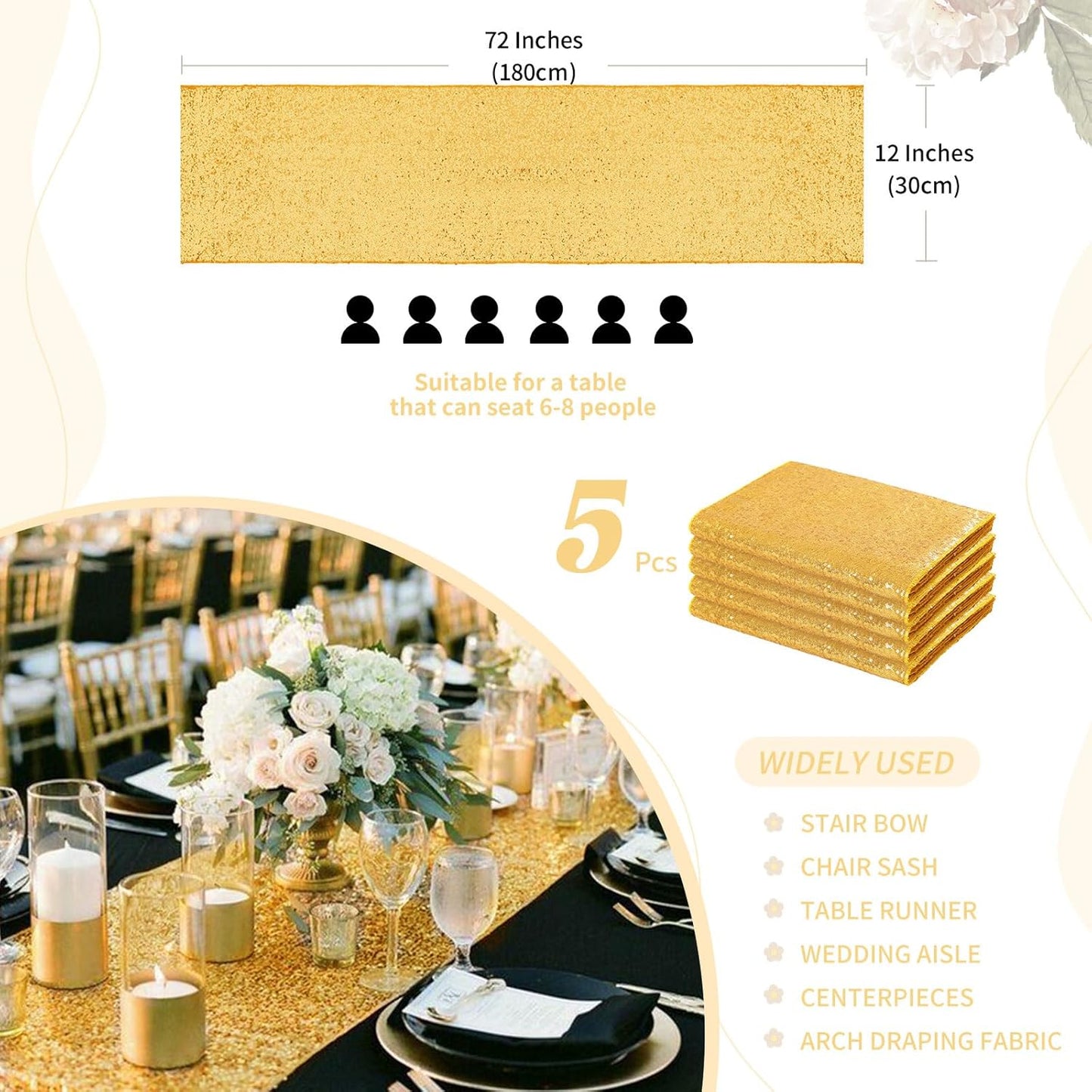 Sequin Table Runners 5 Pieces Gold Table Runners 12x72 Inch Glitter Dining Table Cover for Party Wedding Birthday Reception Banquet Decoration Spring Party Chair Sashes