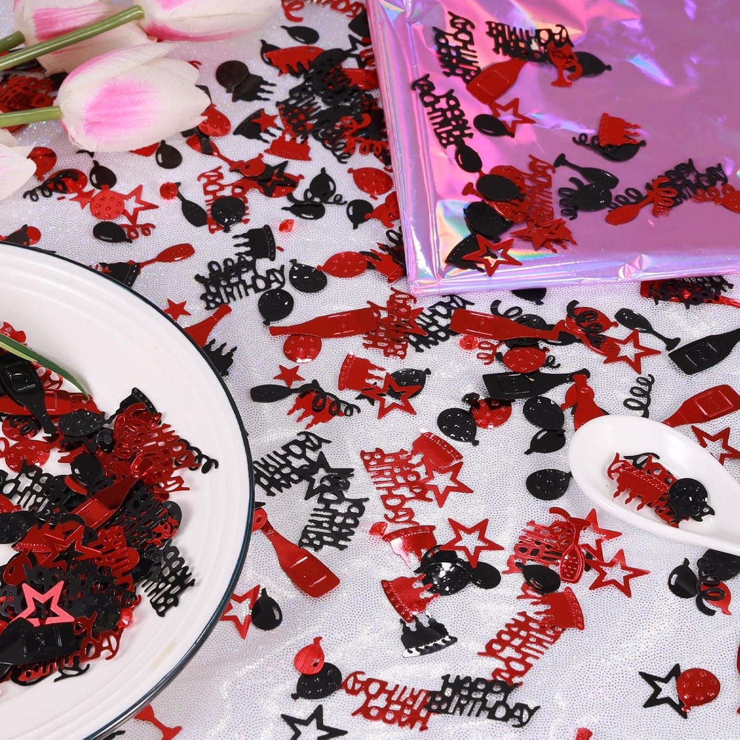 Red and Black Happy Birthday Confetti, 3000 Pcs Birthday Cake Table Metallic Foil Confetti Party Table Decor for Party, Baby Shower, DIY Arts and Crafting