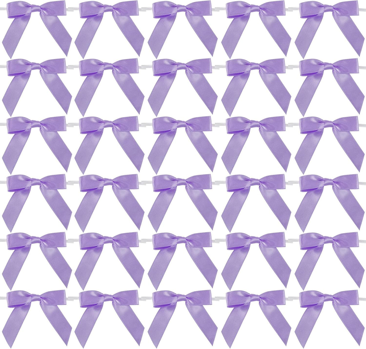 AIMUDI Lavender Satin Ribbon Twist Tie Bows 2.5" Purple Pretied Bows Premade Craft Bows for Treat Bags Cake Pop Gift Wrapping Basket Wedding Favors Cookie Candy Bagging Baby Shower - 50 Counts