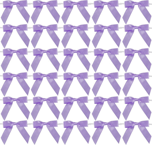 AIMUDI Lavender Satin Ribbon Twist Tie Bows 2.5" Purple Pretied Bows Premade Craft Bows for Treat Bags Cake Pop Gift Wrapping Basket Wedding Favors Cookie Candy Bagging Baby Shower - 50 Counts