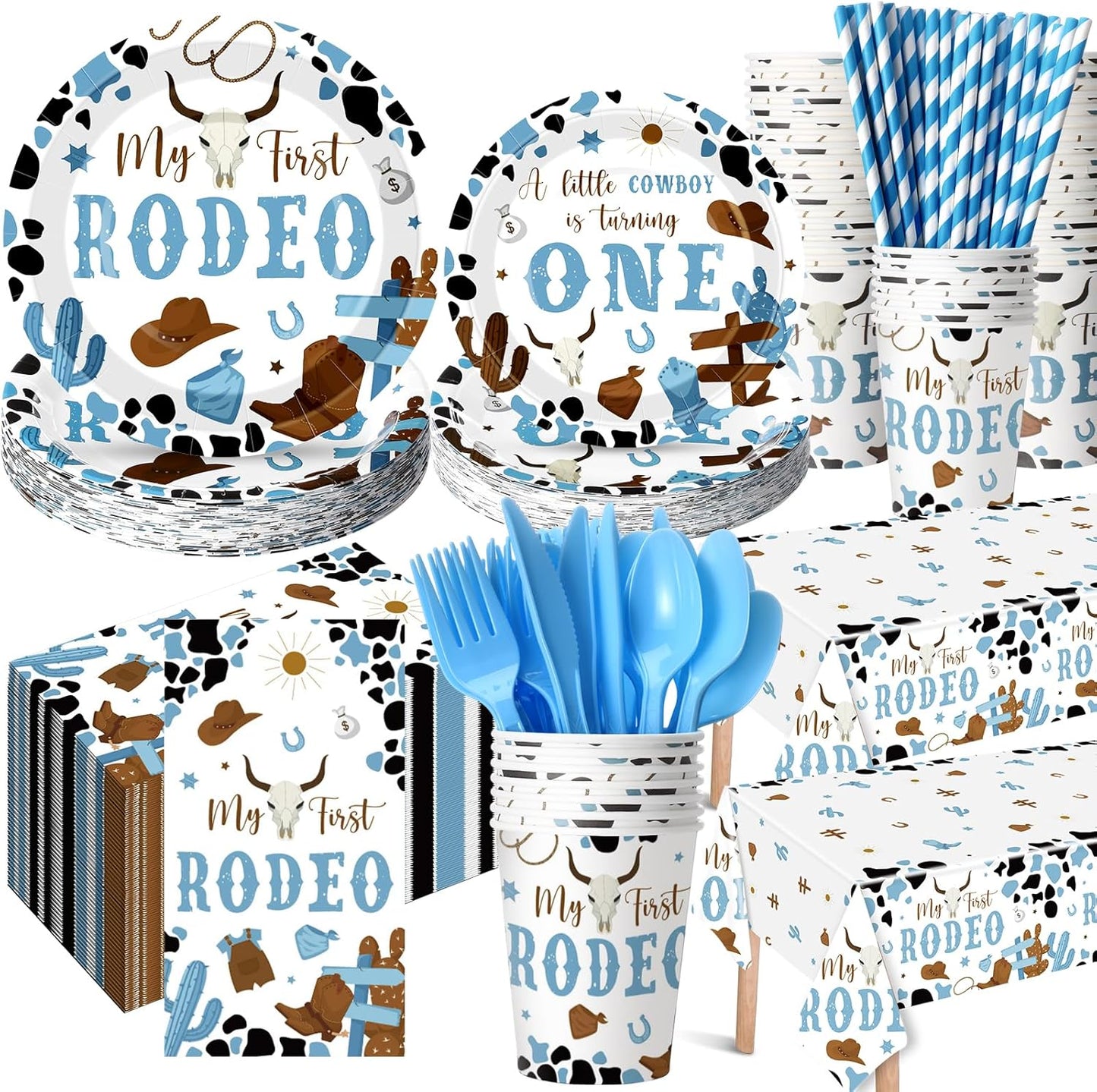 452 Pcs First Rodeo Decorations Boy, Blue Western Cowboy Paper Plates Napkins Cups Tablecloth Cutlery Straws for My 1st Rodeo Birthday Party Baby Shower Decorations Supplies for 50 Guests