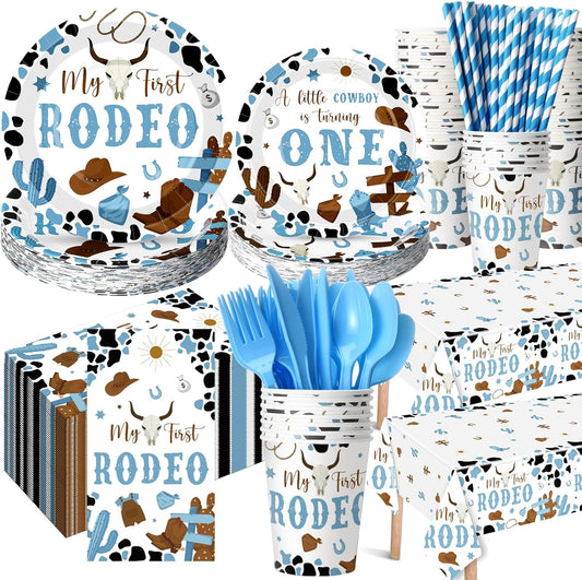 452 Pcs First Rodeo Decorations Boy, Blue Western Cowboy Paper Plates Napkins Cups Tablecloth Cutlery Straws for My 1st Rodeo Birthday Party Baby Shower Decorations Supplies for 50 Guests