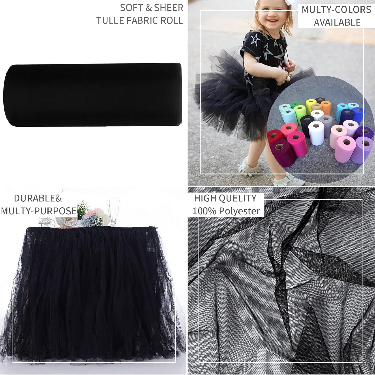IONTACH Black Tulle Fabric Rolls 54 Inch by 40 Yards Fabric Tulle Bolt for Wedding Halloween Decorations DIY Black Tutu Baby Shower Table Skirt Ceiling Decor Birthday Party Craft Supplies