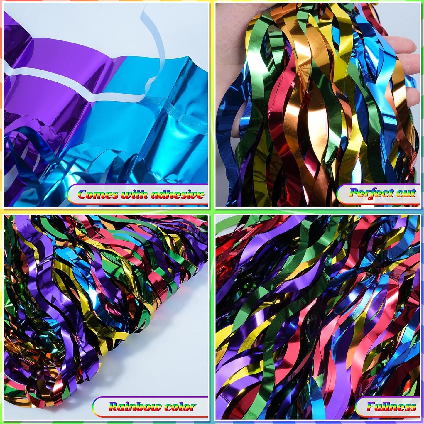 2 Pack 3.3X6.6Ft Rainbow Wavy Foil Fringe Curtains Backdrop Decorations, Rainbow Metallic Tinsel Foil Streamers Photo Booth Background for Birthday Wedding Engagement Bridal Shower Party Decorations