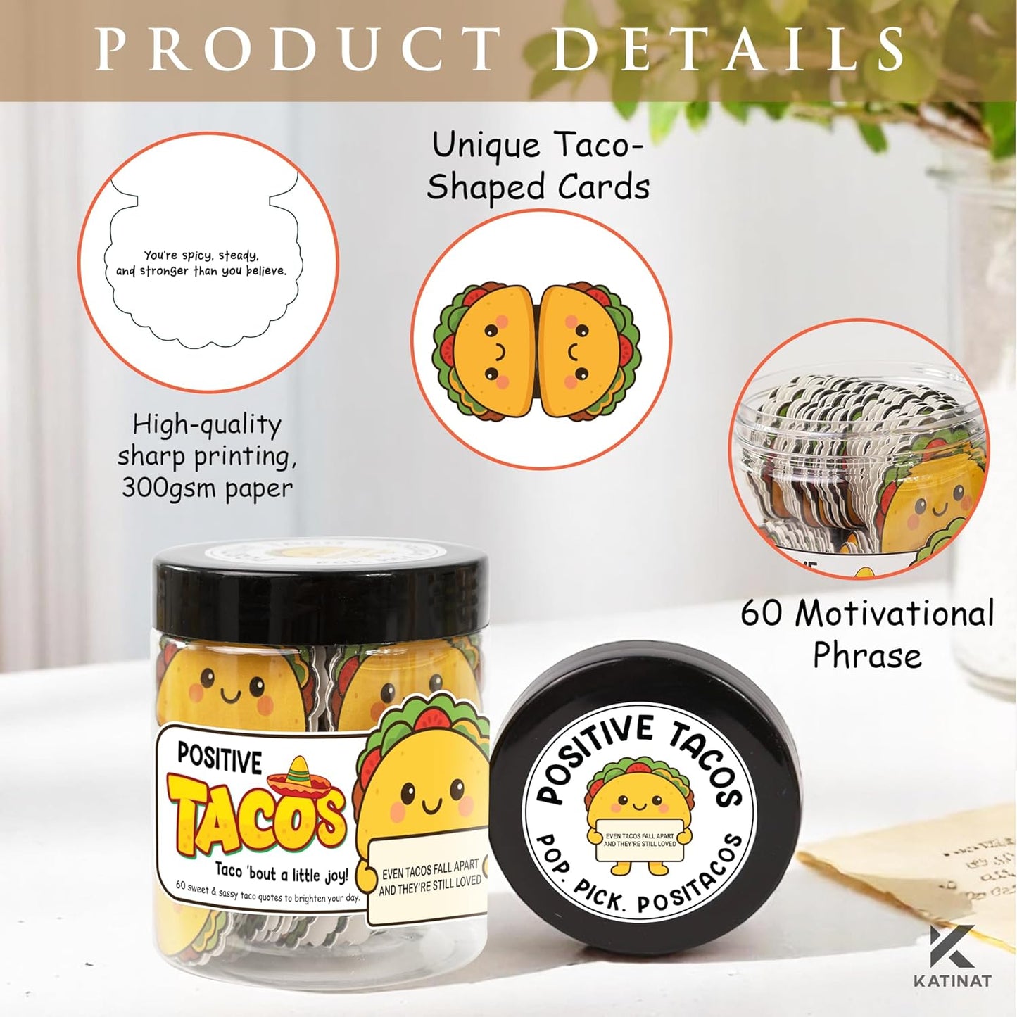 Positive Taco Jar – 60 Funny Emotional Support Taco, Back to School Gift for Students, Teachers, White Elephant Gifts For Women, Men, Corworker, Mental Health Gift, Birthday Gifts for Women